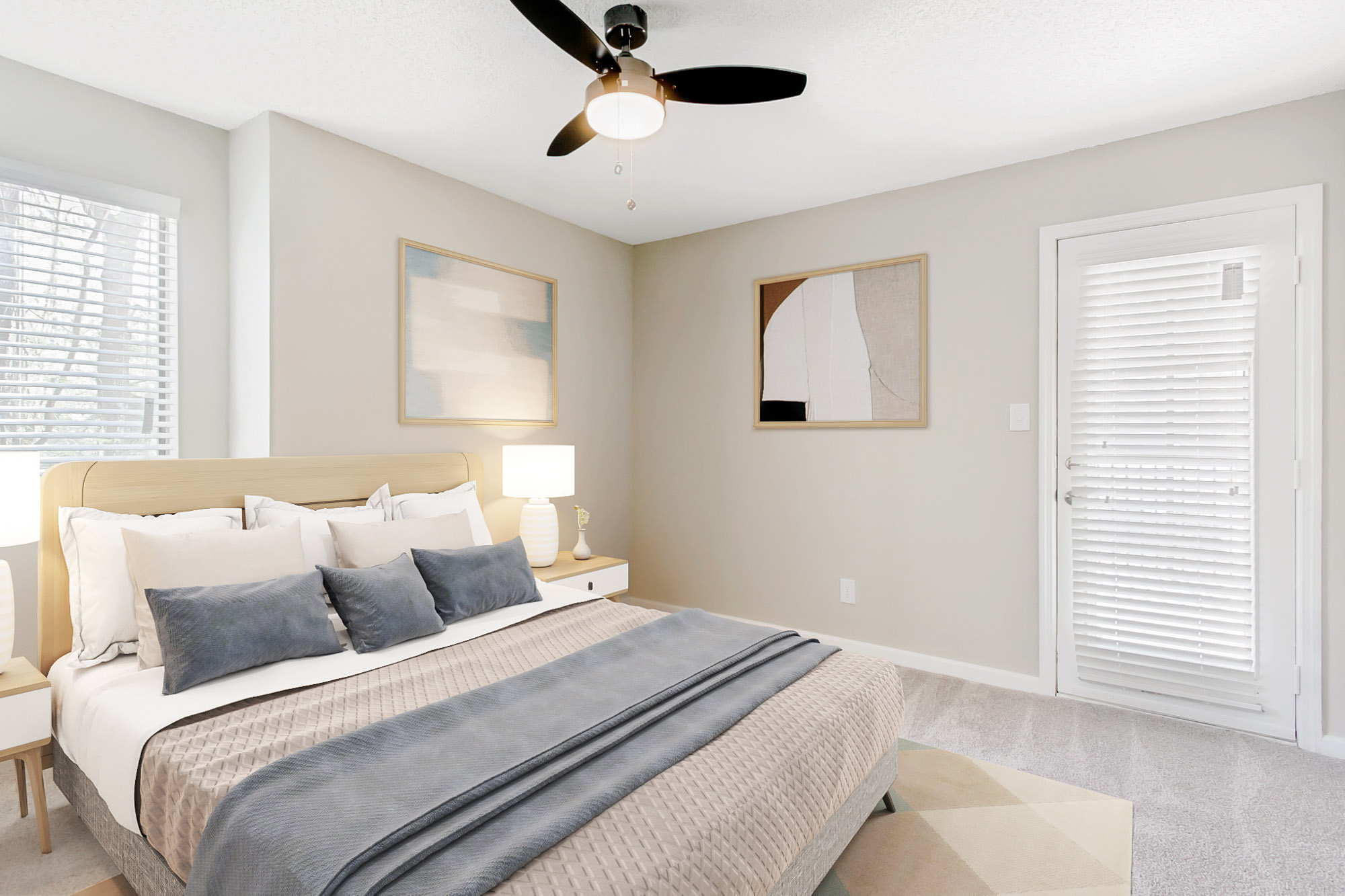 The bedroom in an apartment at The Dawson in Tampa, Florida.