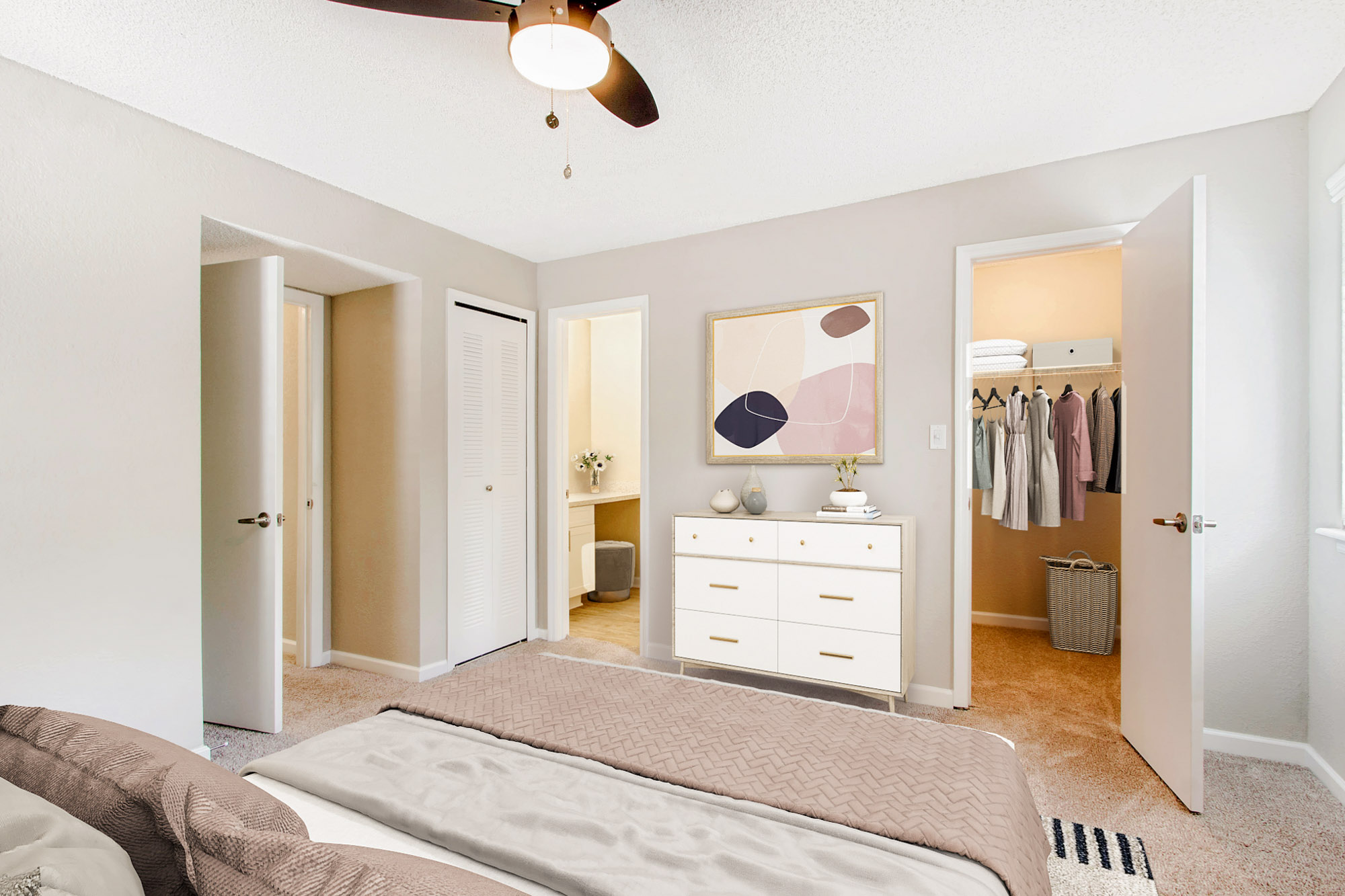 The bedroom in an apartment at The Dawson in Tampa, Florida.