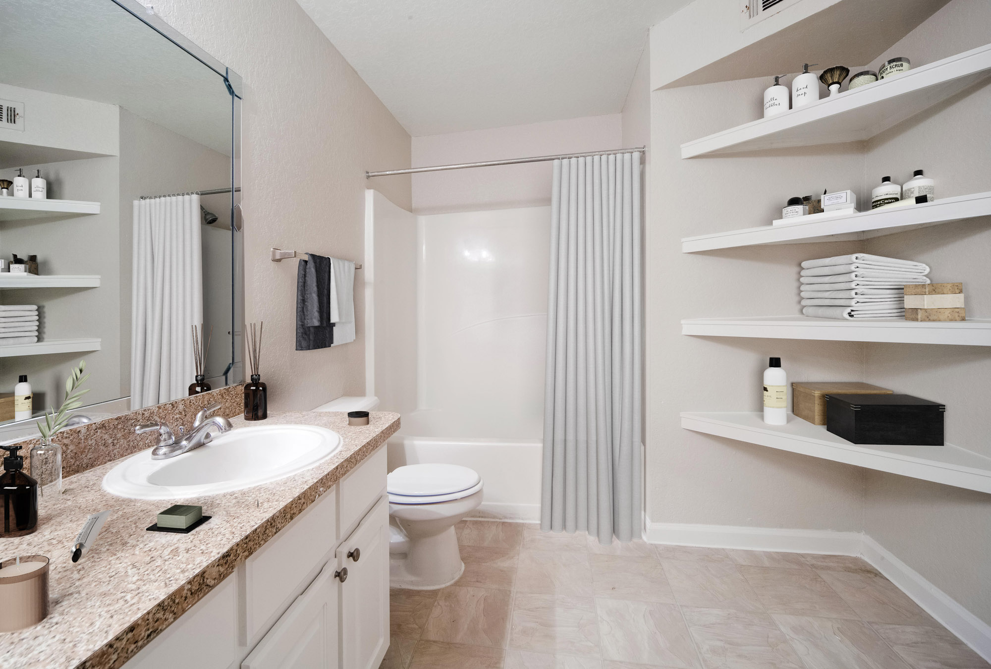 The bathroom in an apartment at Osprey Links at Hunter's Creek in Orlando, Florida.