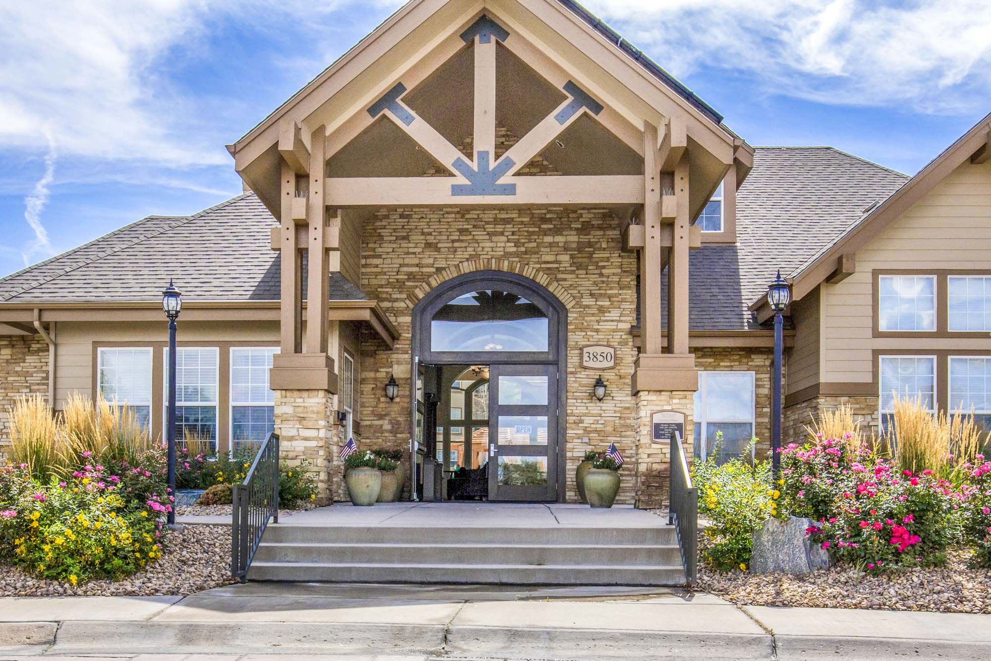 The clubhouse exterior at The Village at Legacy Ridge in Westminster, CO.