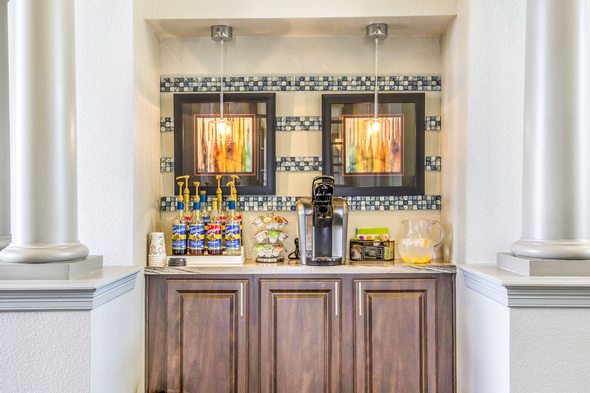 A coffee station at The Village at Legacy Ridge apartments in Westminster, CO.