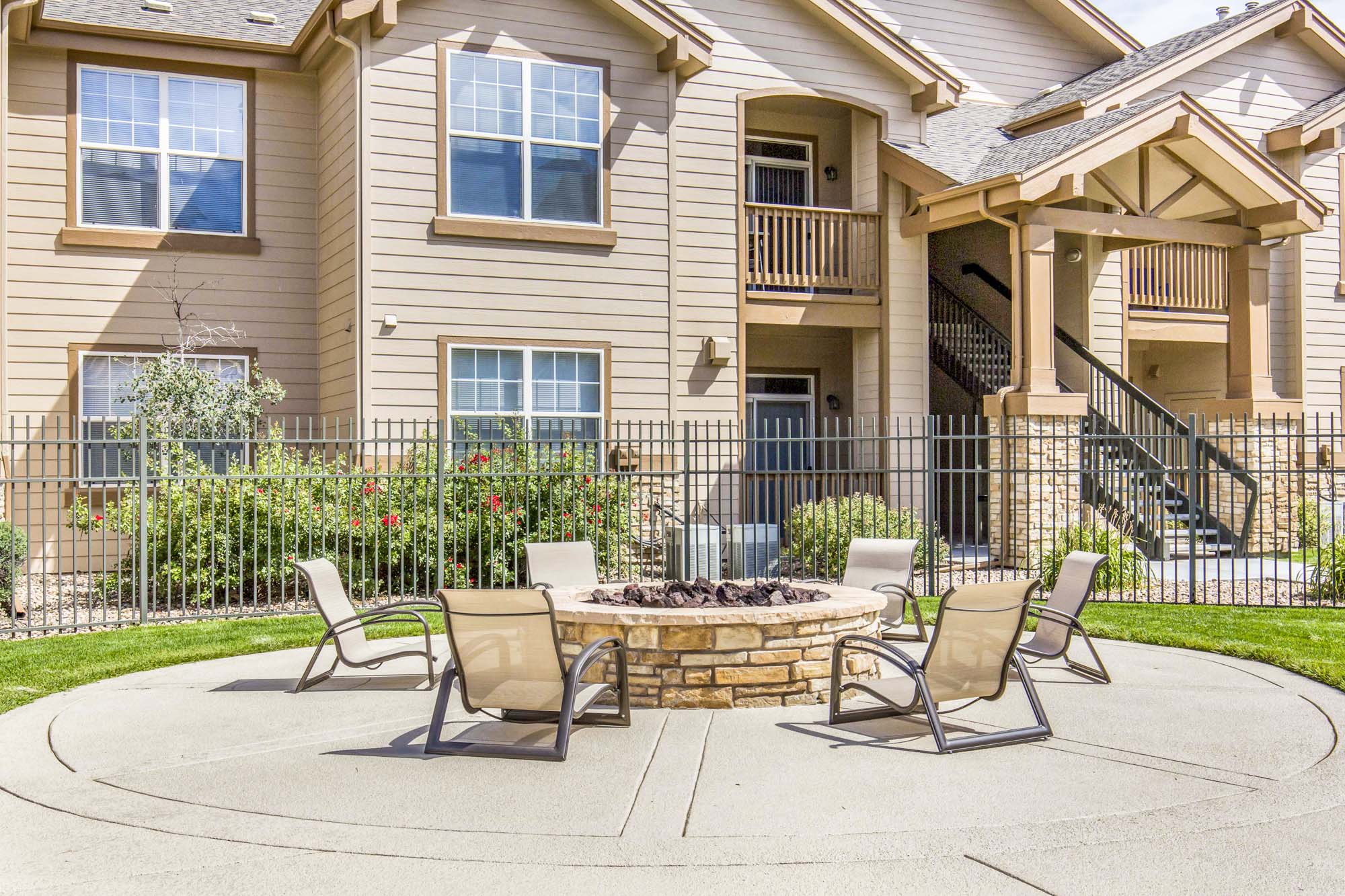 The fire pit at The Village at Legacy Ridge apartments in Westminster, CO.