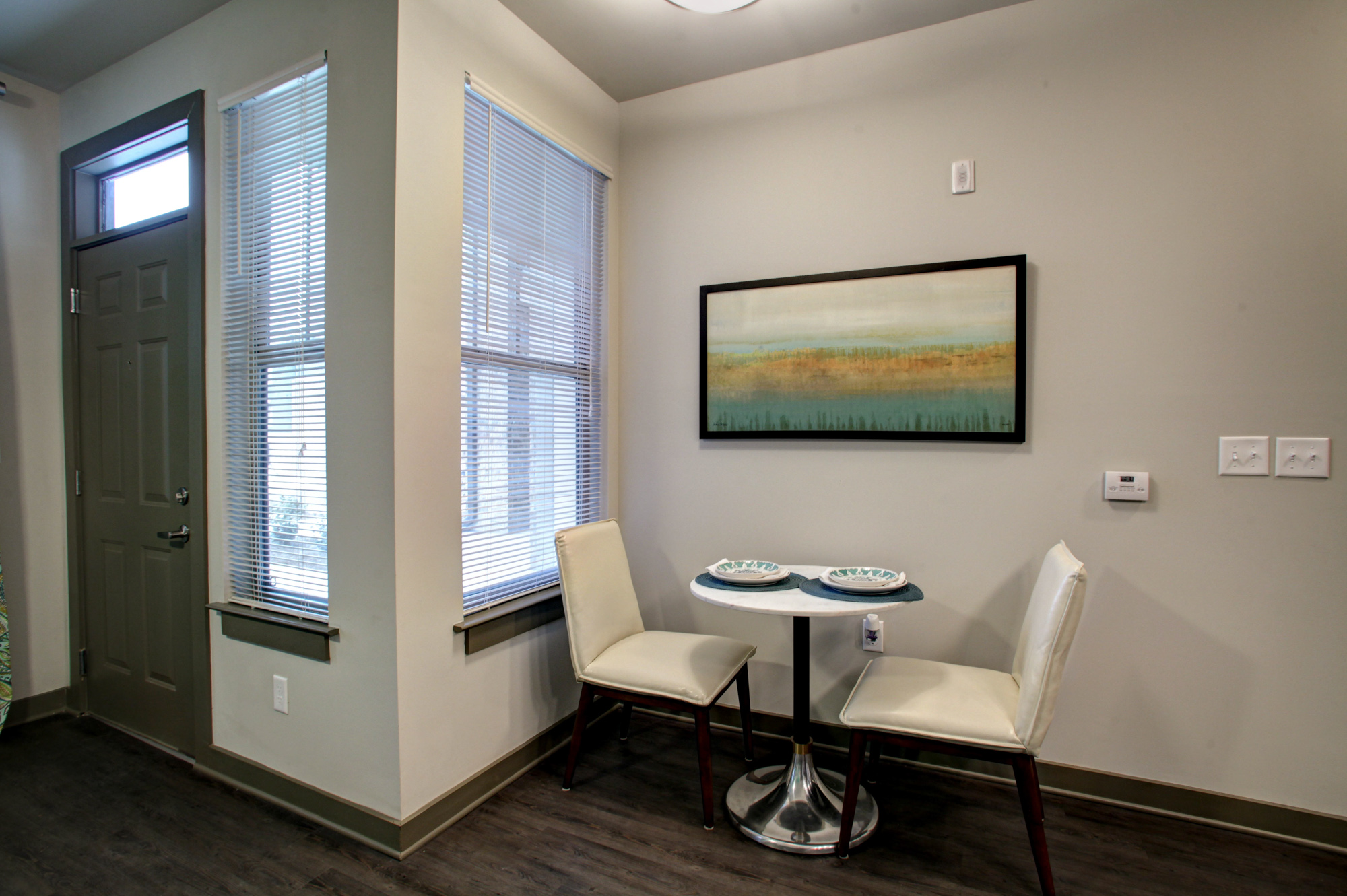 The dining area of an apartment at Park 9 in Atlanta, GA.