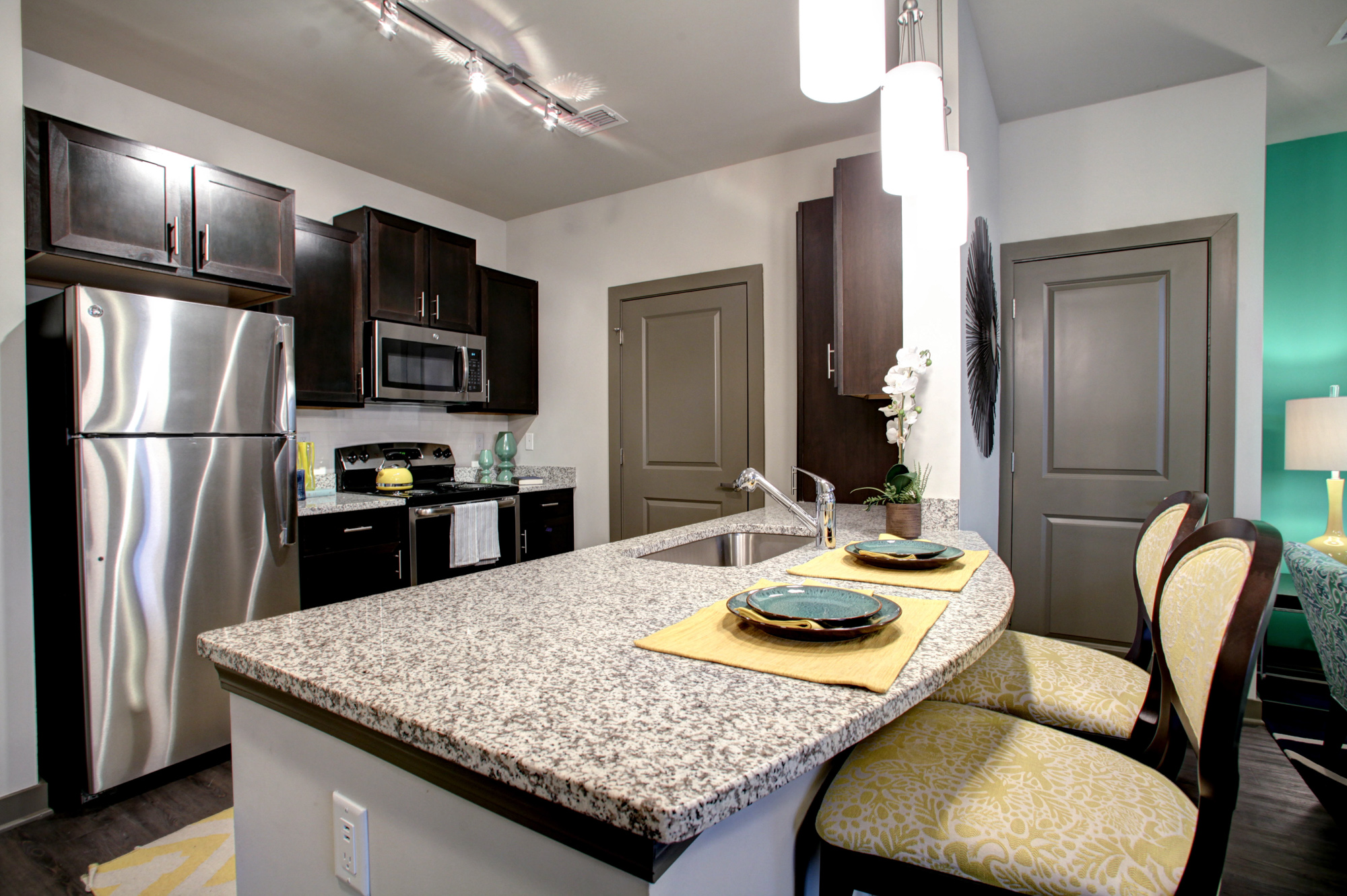 The kitchen of an apartment at Park 9 in Atlanta, GA.