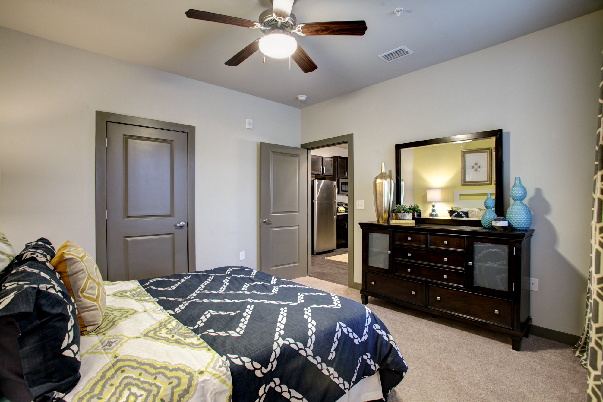 The bedroom of an apartment at Park 9 in Atlanta, GA.