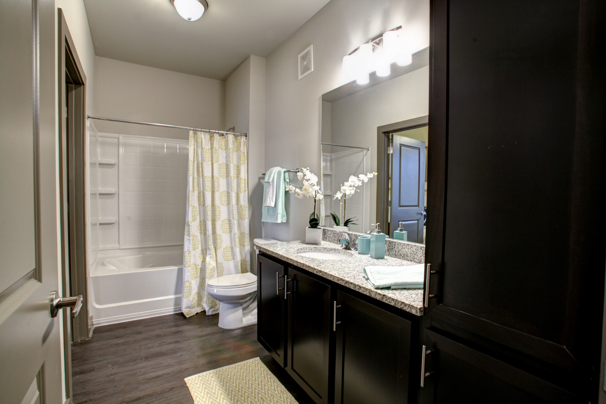 The bathroom of an apartment at Park 9 in Atlanta, GA.