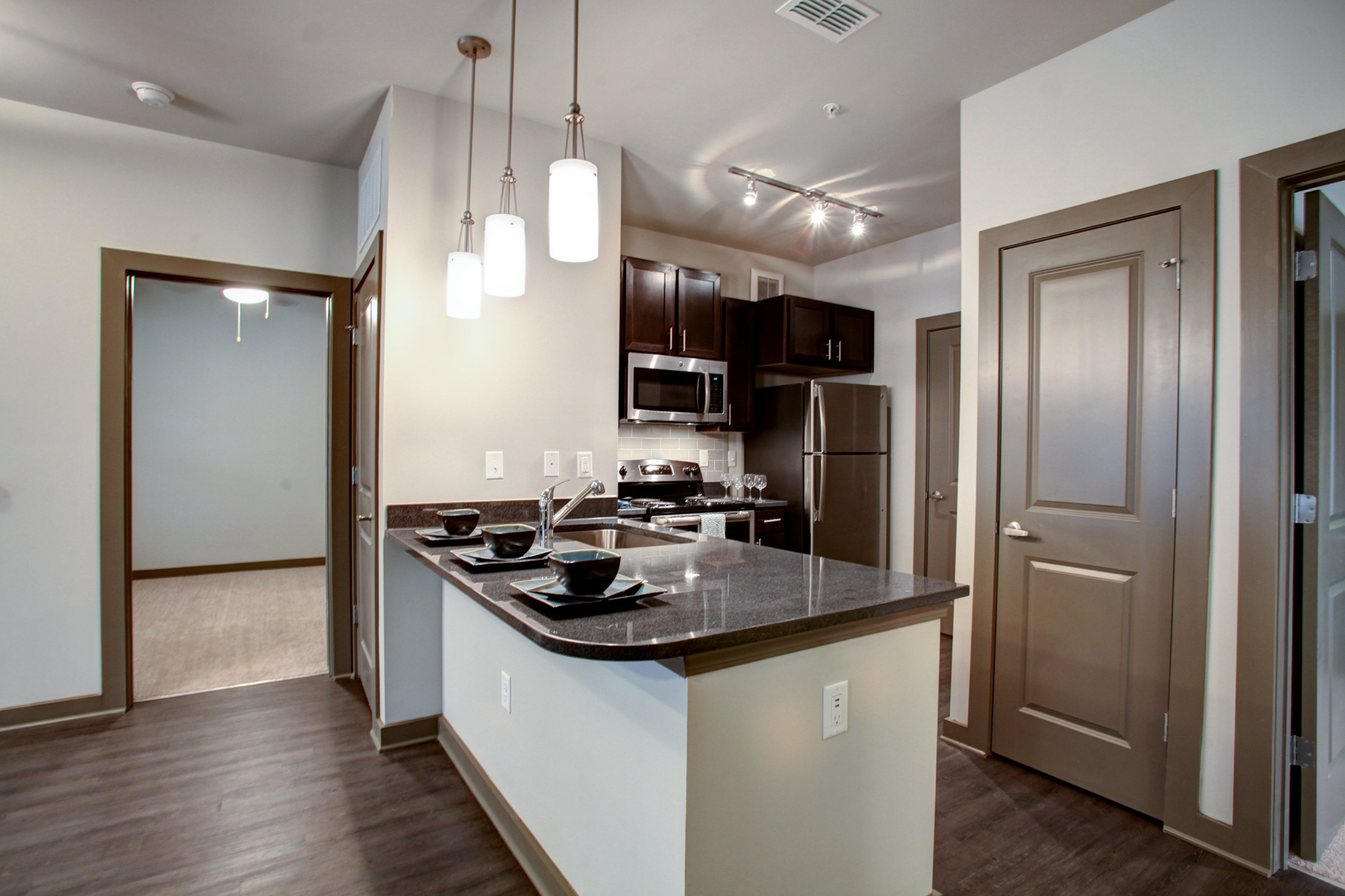 The kitchen of an apartment at Park 9 in Atlanta, GA.