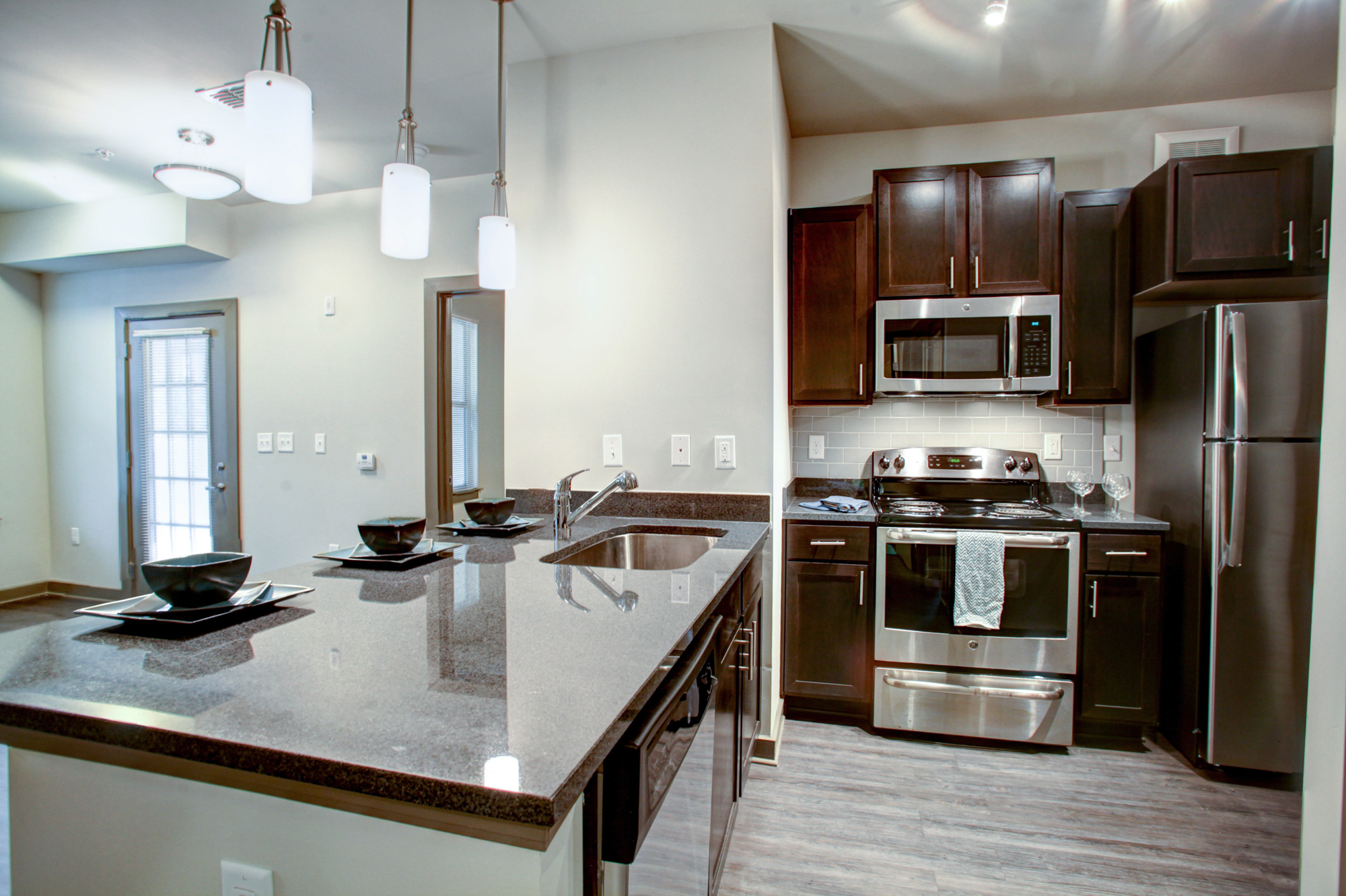 The kitchen of an apartment at Park 9 in Atlanta, GA.