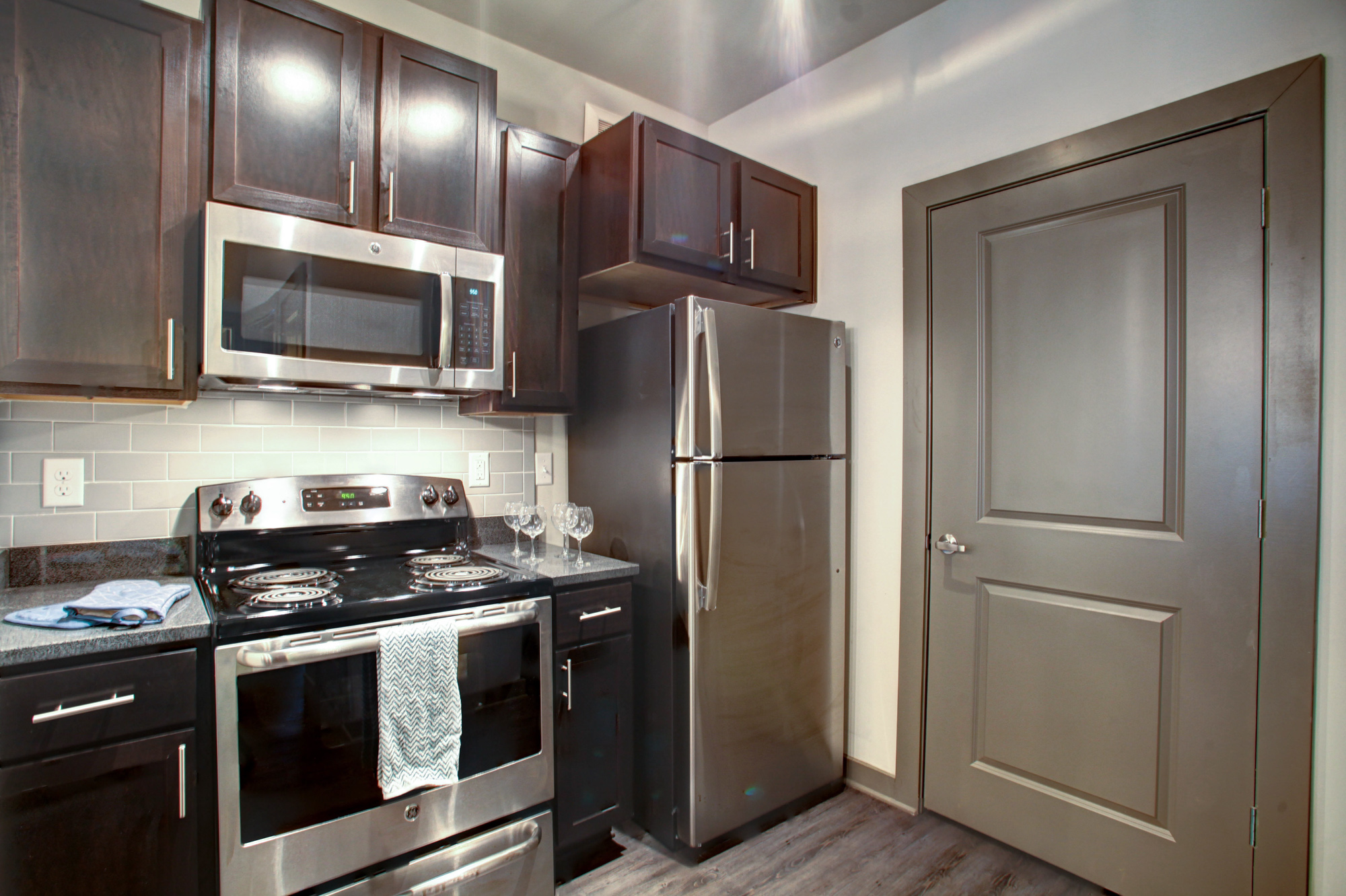 The kitchen of an apartment at Park 9 in Atlanta, GA.