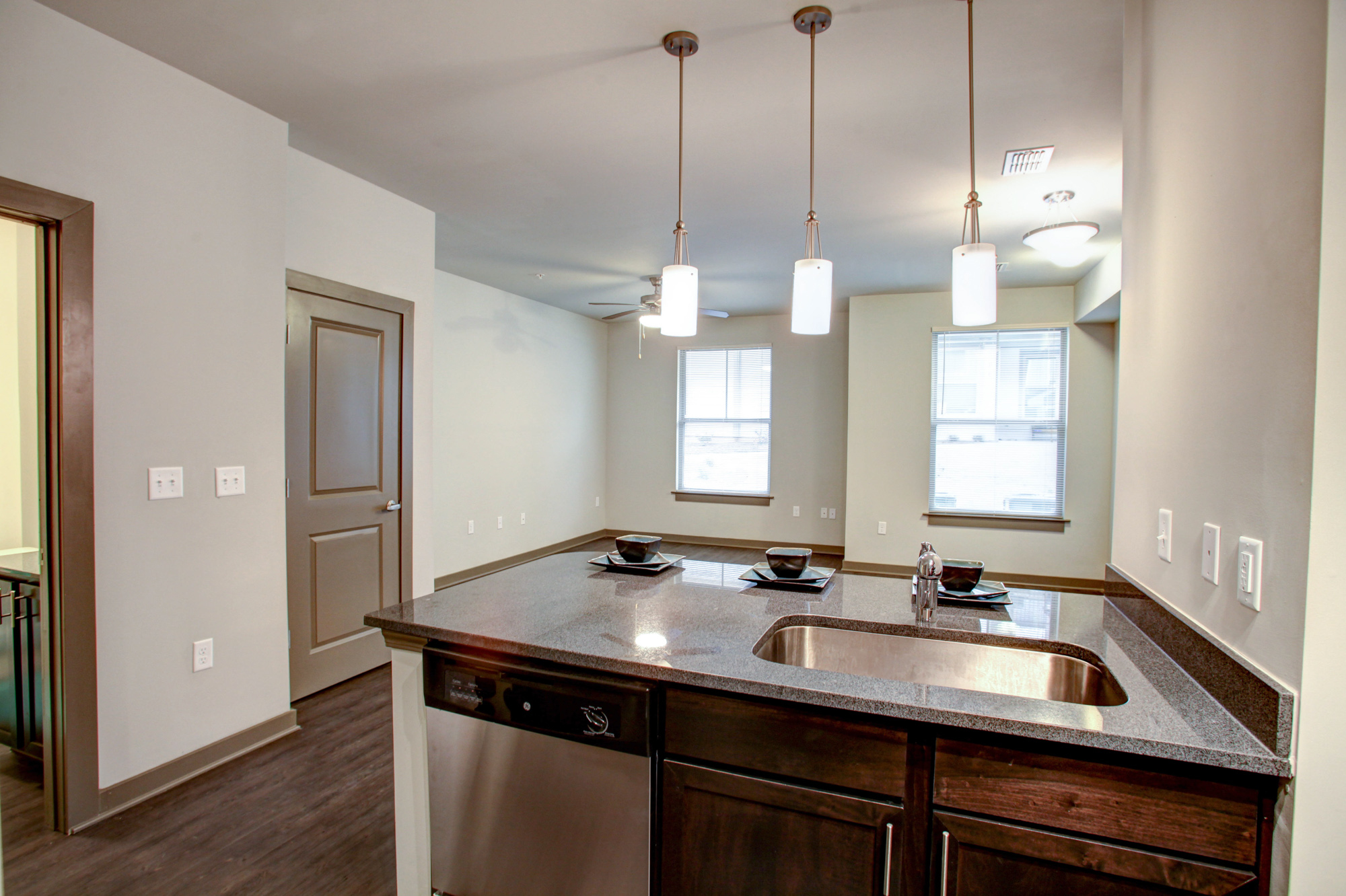 The living area of an apartment at Park 9 in Atlanta, GA.