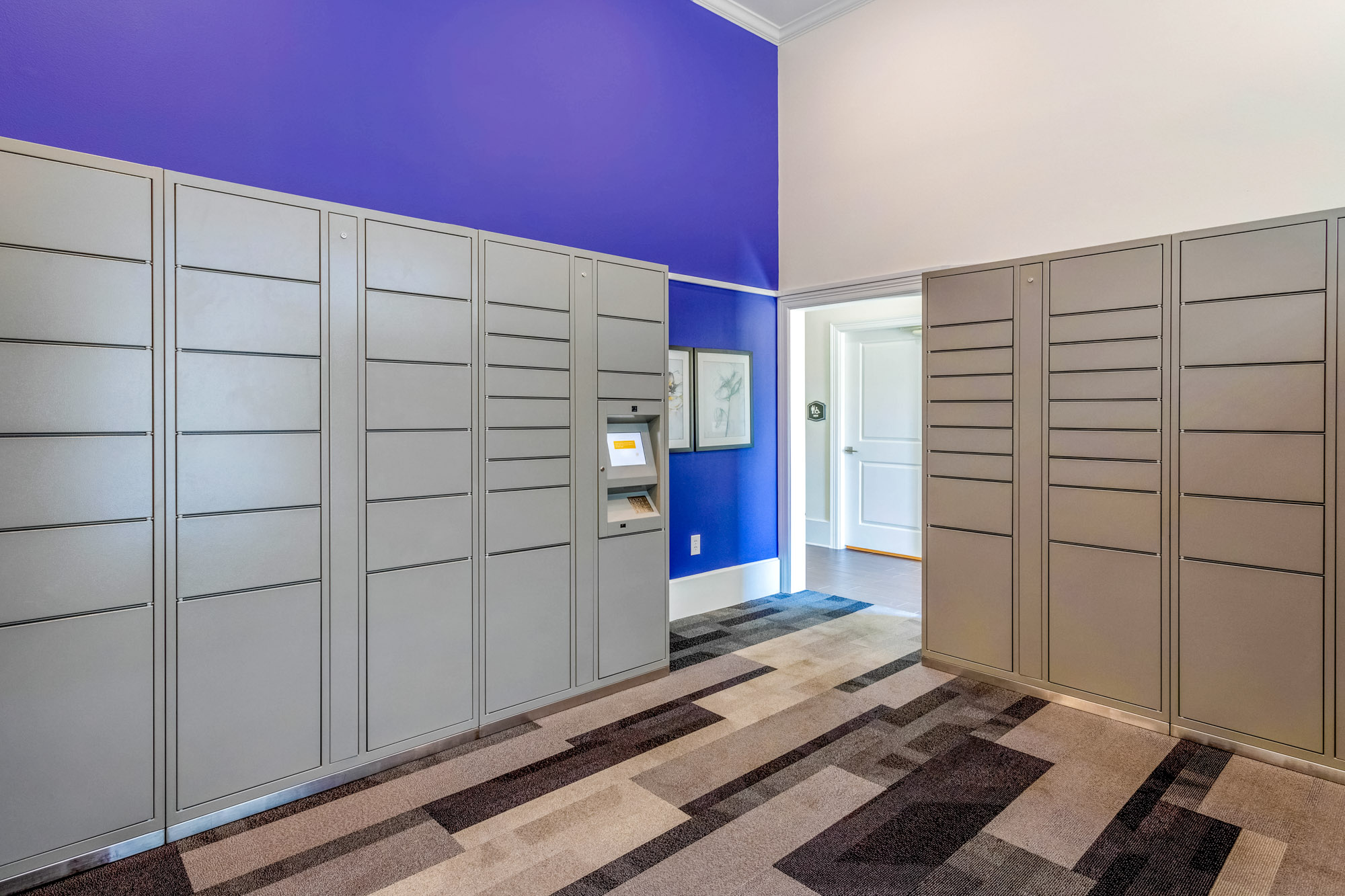 The mailroom at The Villas at Shadow Creek apartments in Houston, TX.