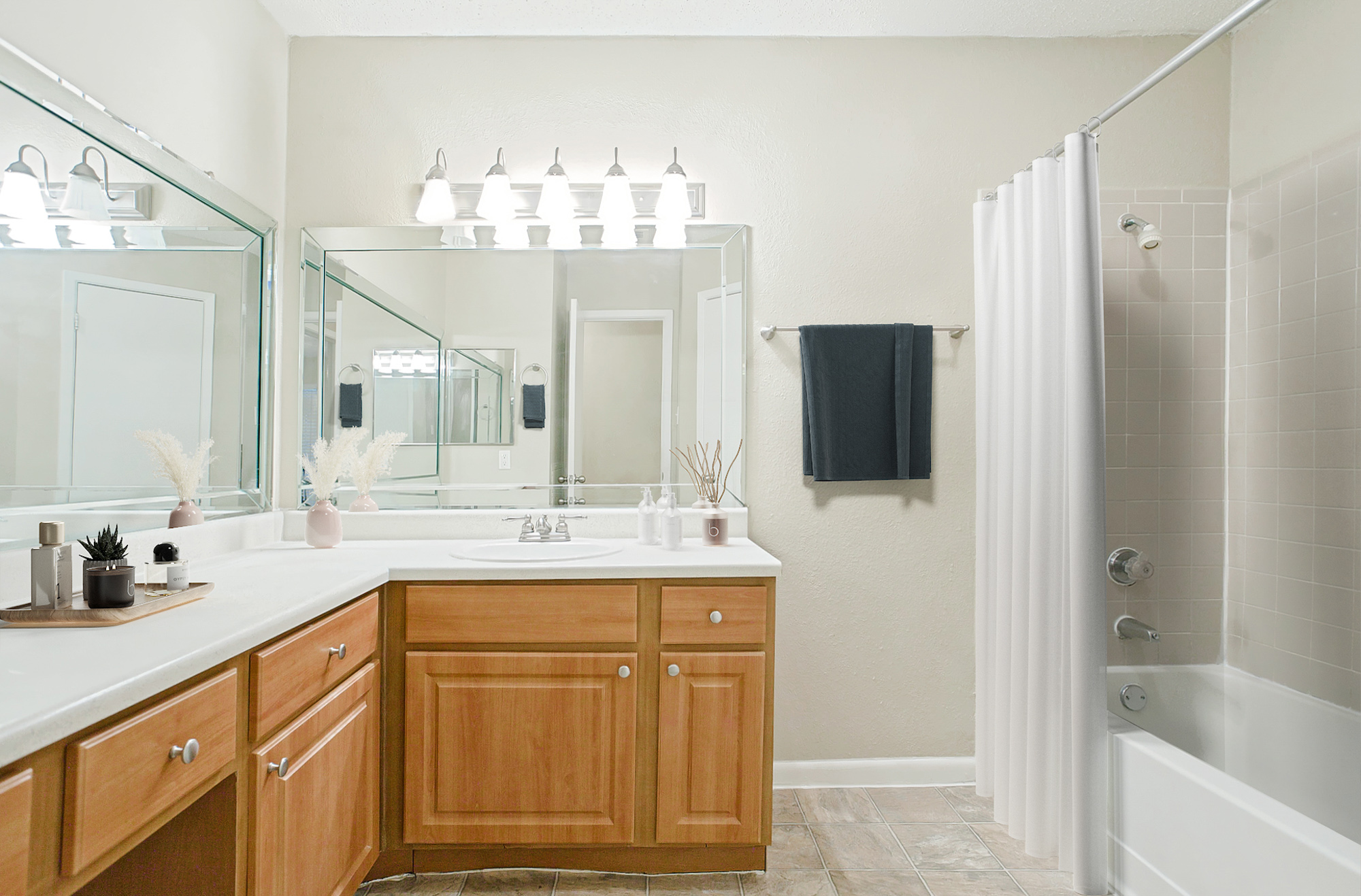 The bathroom of an apartment at The Arbors of Wells Branch in Austin, TX.