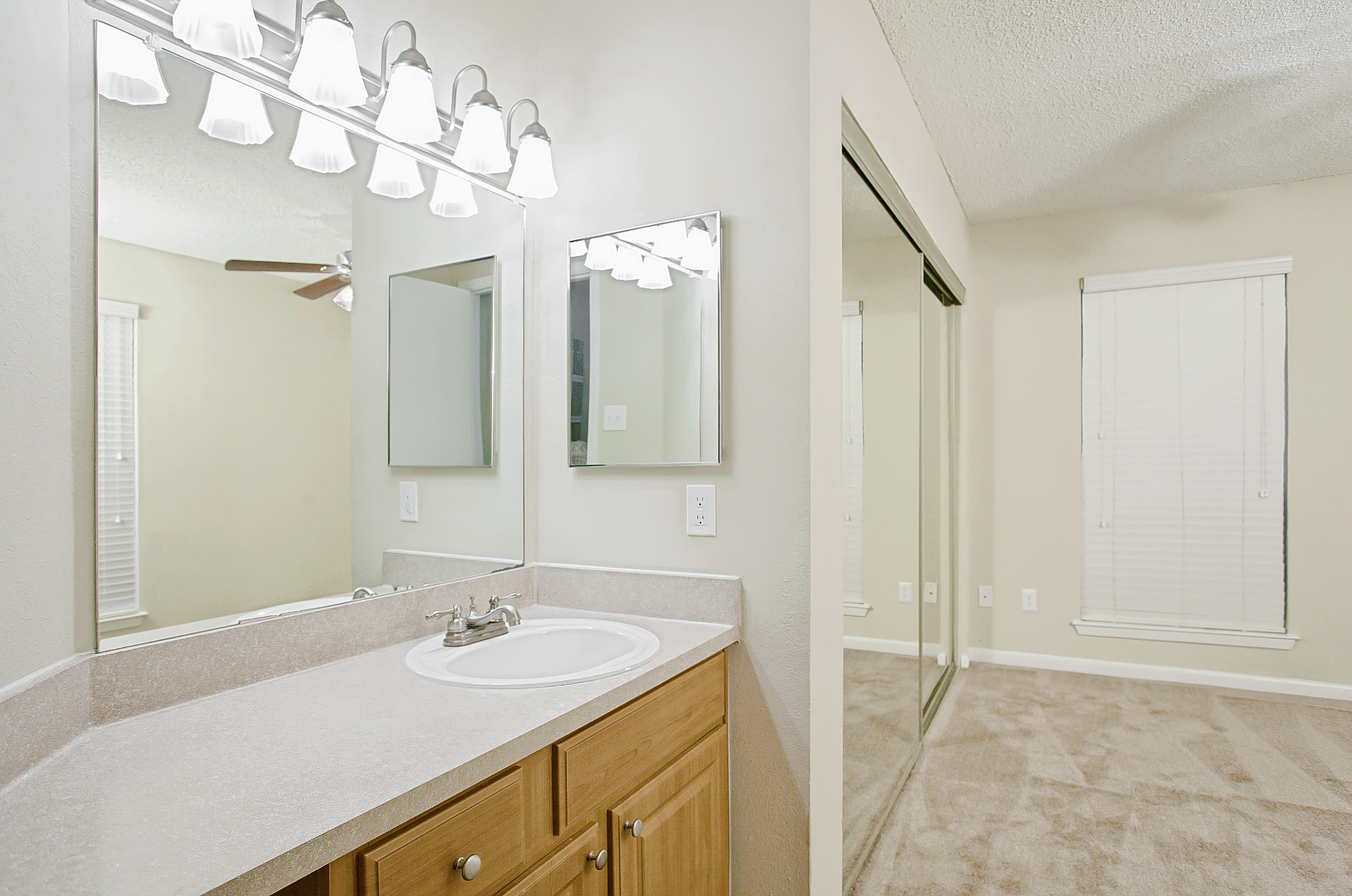 The bathroom of an apartment at The Arbors of Wells Branch in Austin, TX.