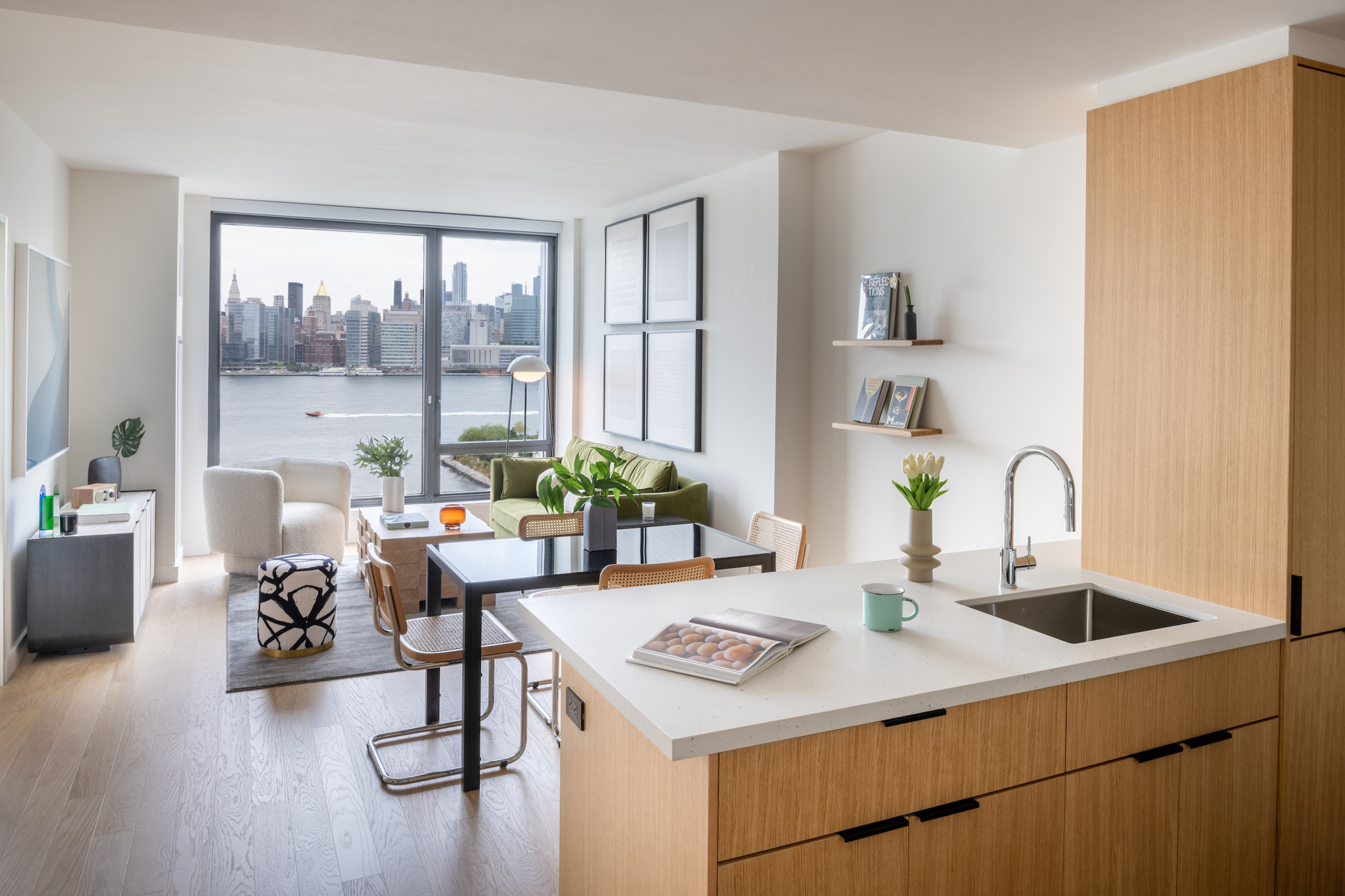 The living area in an apartment at The Bellslip in Greenpoint Landing, Brooklyn.