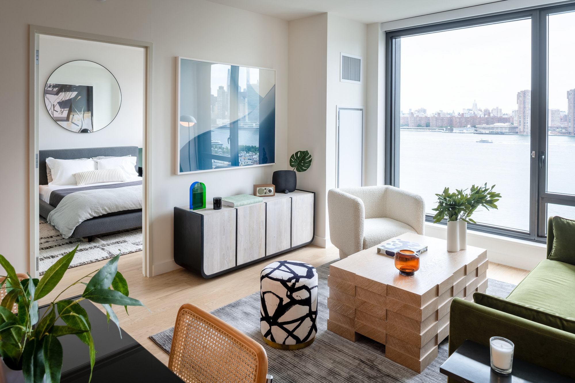 The living area in an apartment at The Bellslip in Greenpoint Landing, Brooklyn.