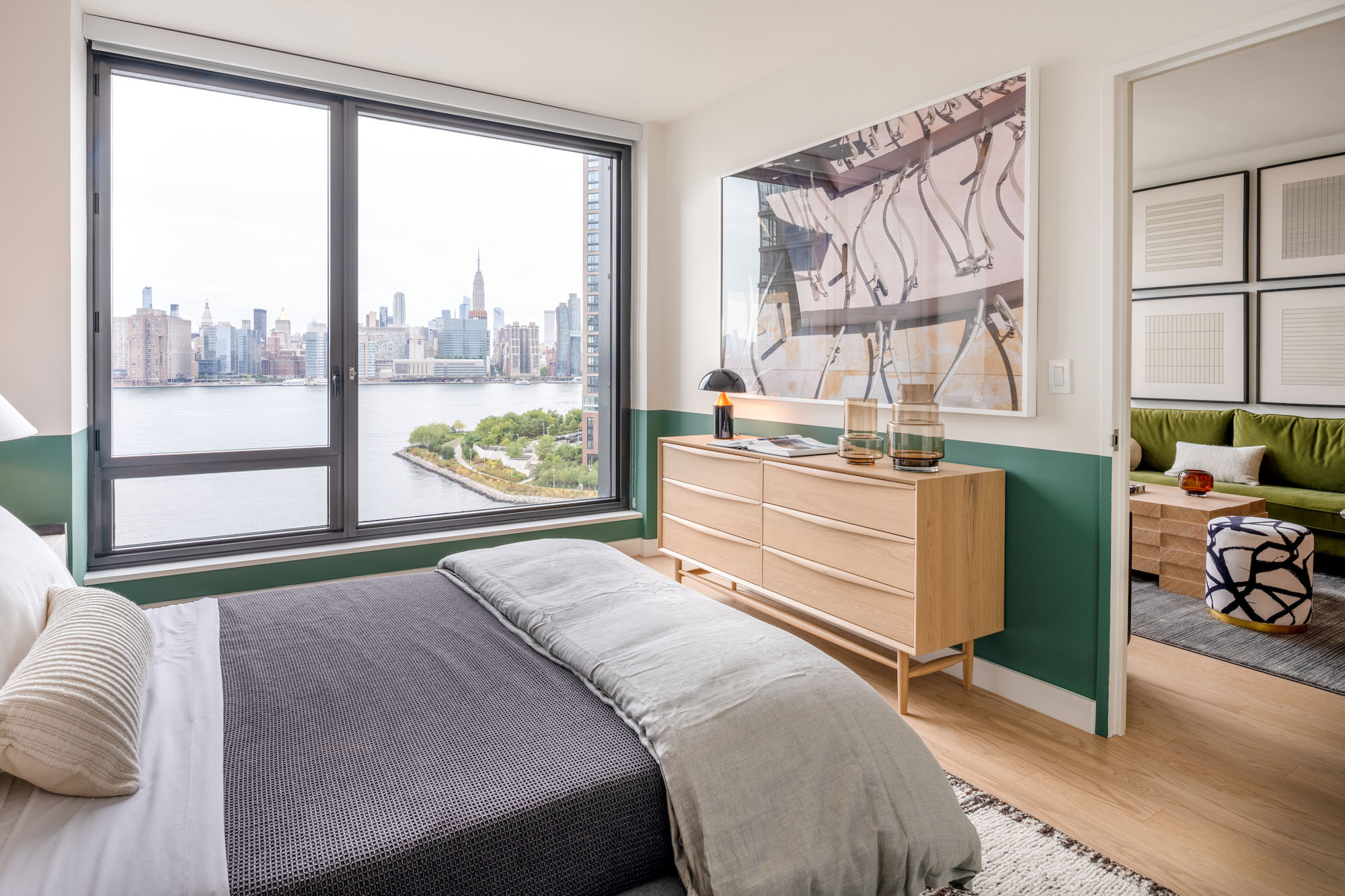 The bedroom in an apartment at The Bellslip in Greenpoint Landing, Brooklyn.