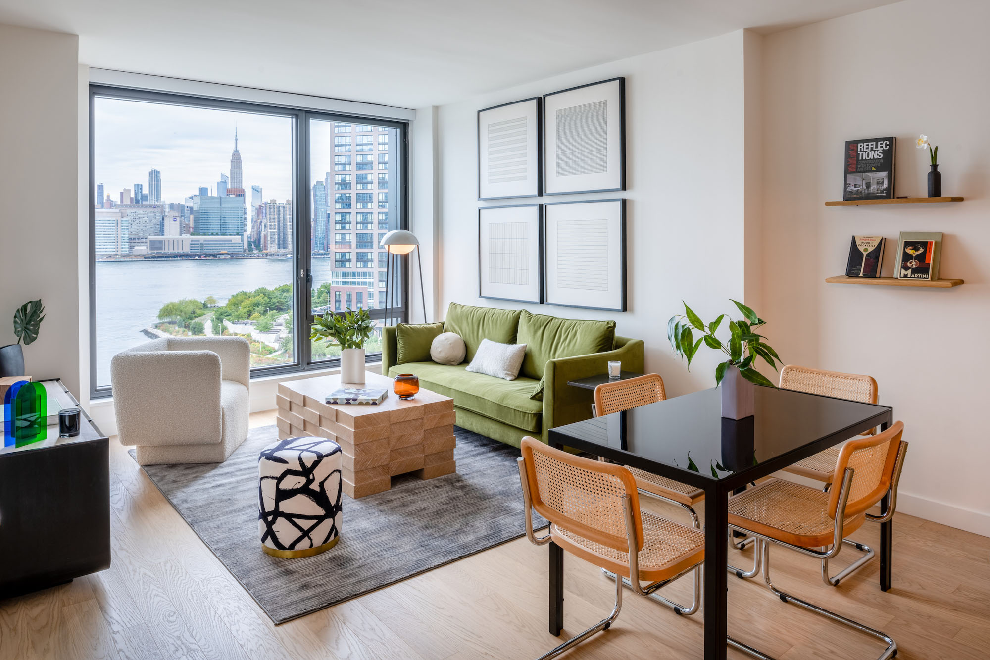 The living area in an apartment at The Bellslip in Greenpoint Landing, Brooklyn.