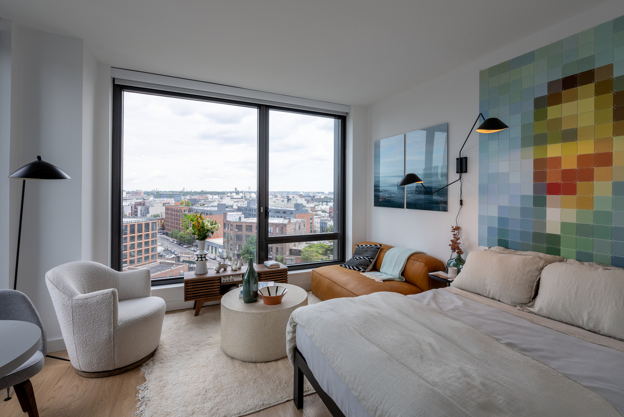 The bedroom in an apartment at The Bellslip in Greenpoint Landing, Brooklyn.