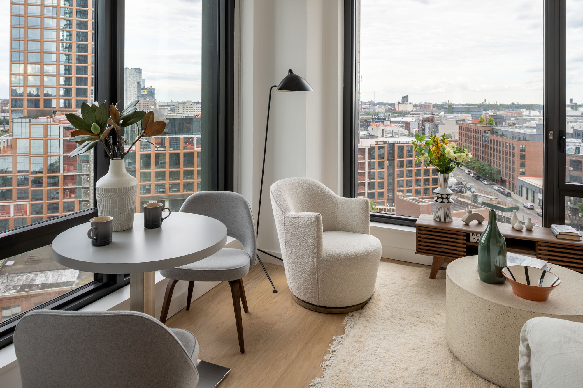 The living area in an apartment at The Bellslip in Greenpoint Landing, Brooklyn.