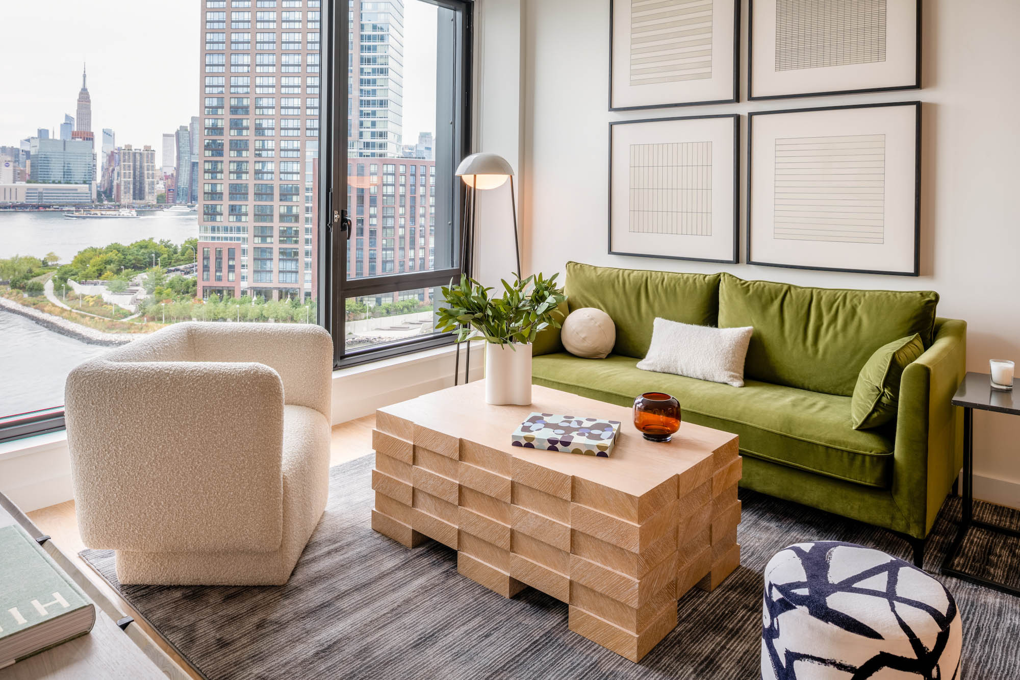 The living area in an apartment at The Bellslip in Greenpoint Landing, Brooklyn.