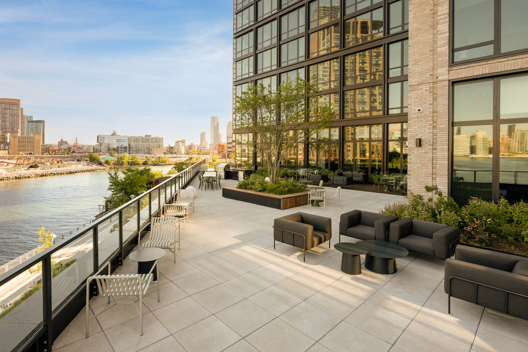 The outdoor terrace at The Bellslip apartments in Greenpoint Landing, Brooklyn.