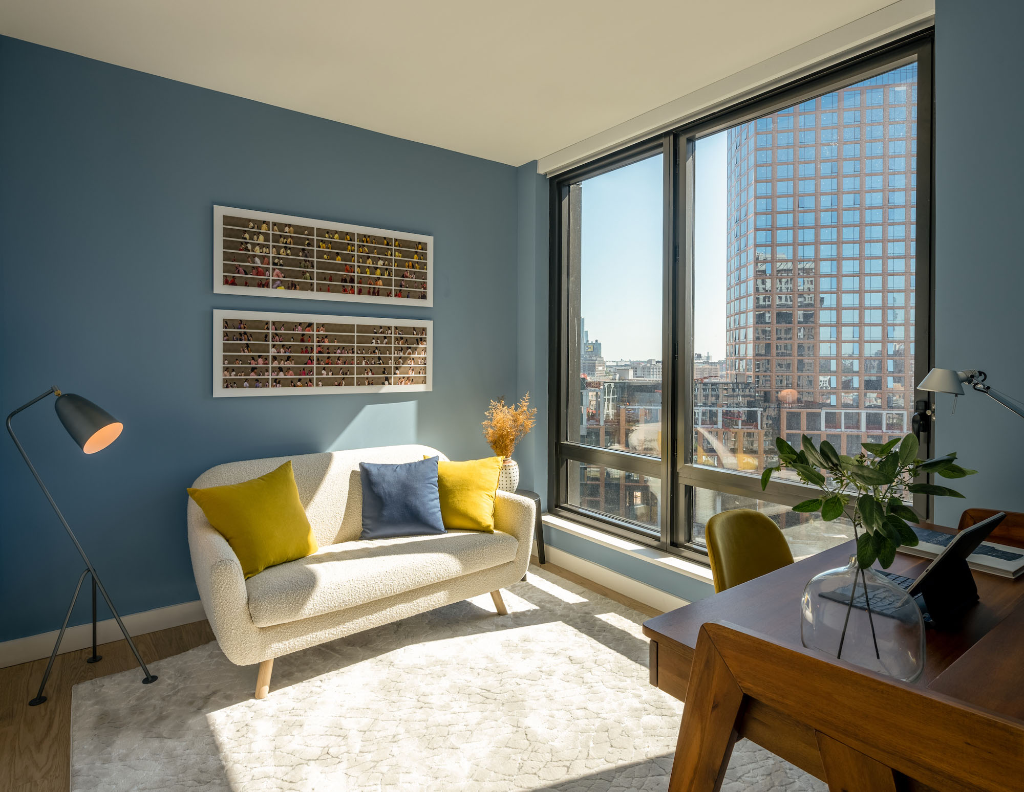 The bedroom in an apartment at The Bellslip in Greenpoint Landing, Brooklyn.