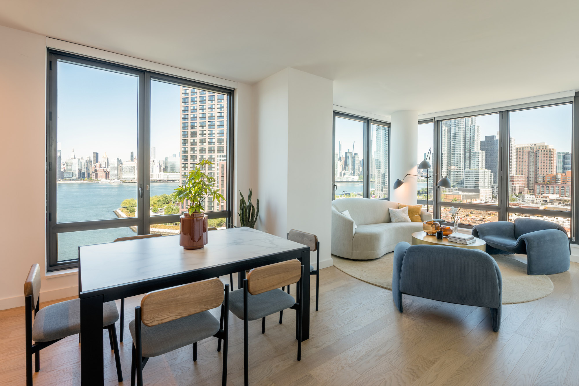 The living area in an apartment at The Bellslip in Greenpoint Landing, Brooklyn.