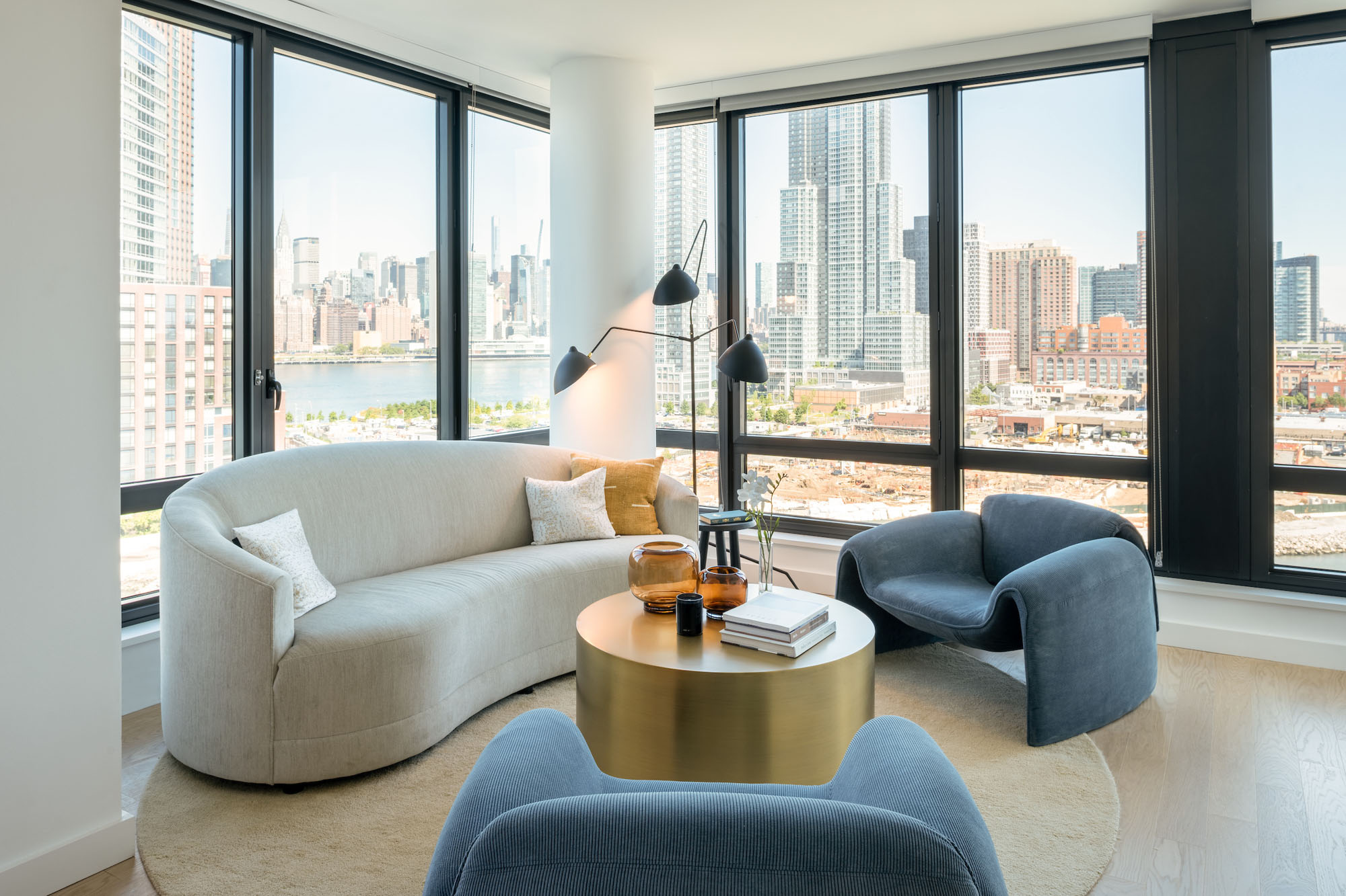 The living area in an apartment at The Bellslip in Greenpoint Landing, Brooklyn.