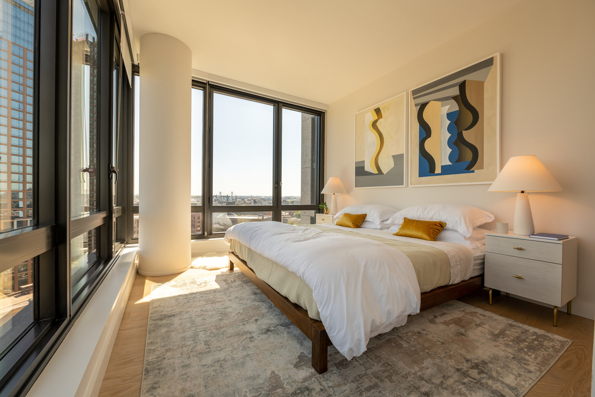 The bedroom in an apartment at The Bellslip in Greenpoint Landing, Brooklyn.