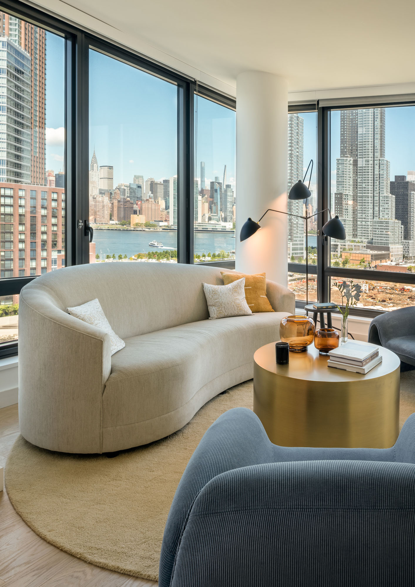 The living area in an apartment at The Bellslip in Greenpoint Landing, Brooklyn.