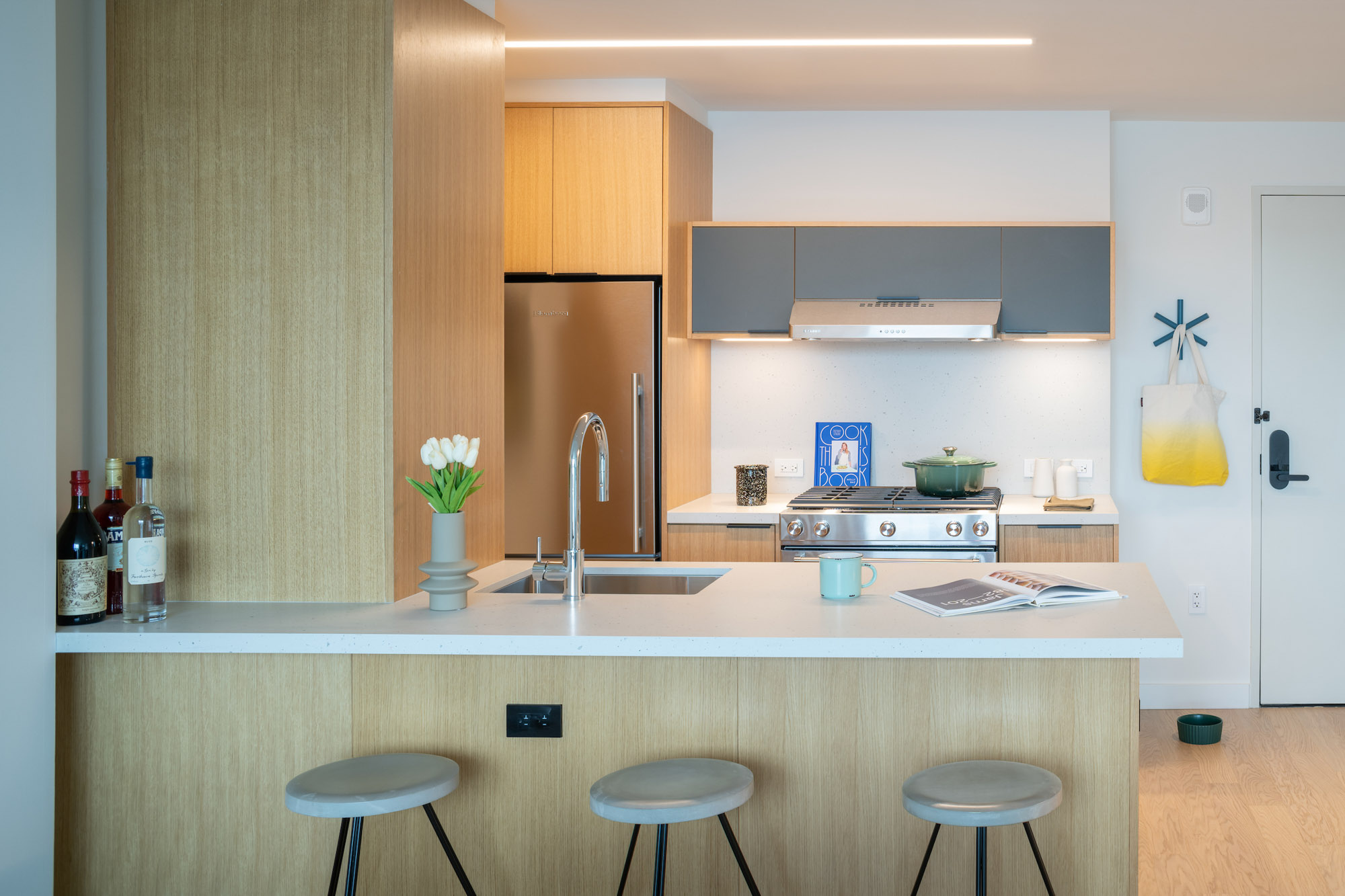 The kitchen in an apartment at The Bellslip in Greenpoint Landing, Brooklyn.