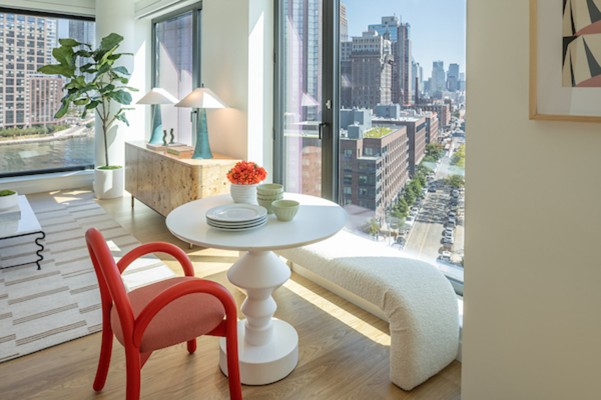 A living area in a Eagle + West apartment in Greenpoint Landing in Brooklyn, New York.