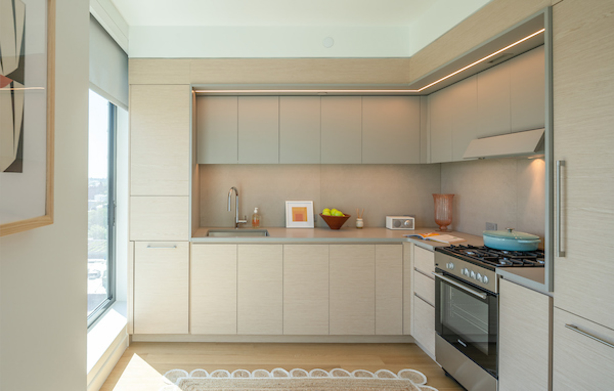 A kitchen in a Eagle + West apartment in Greenpoint Landing in Brooklyn, New York.