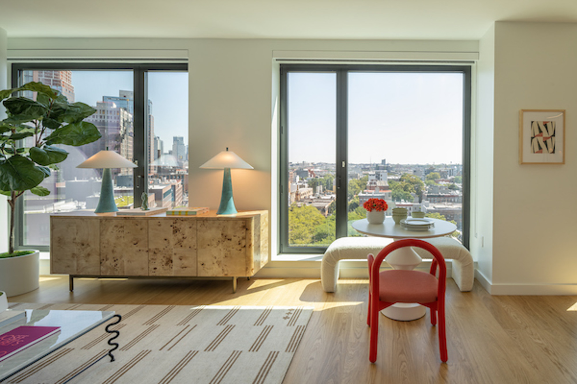 A living area in a Eagle + West apartment in Greenpoint Landing in Brooklyn, New York.