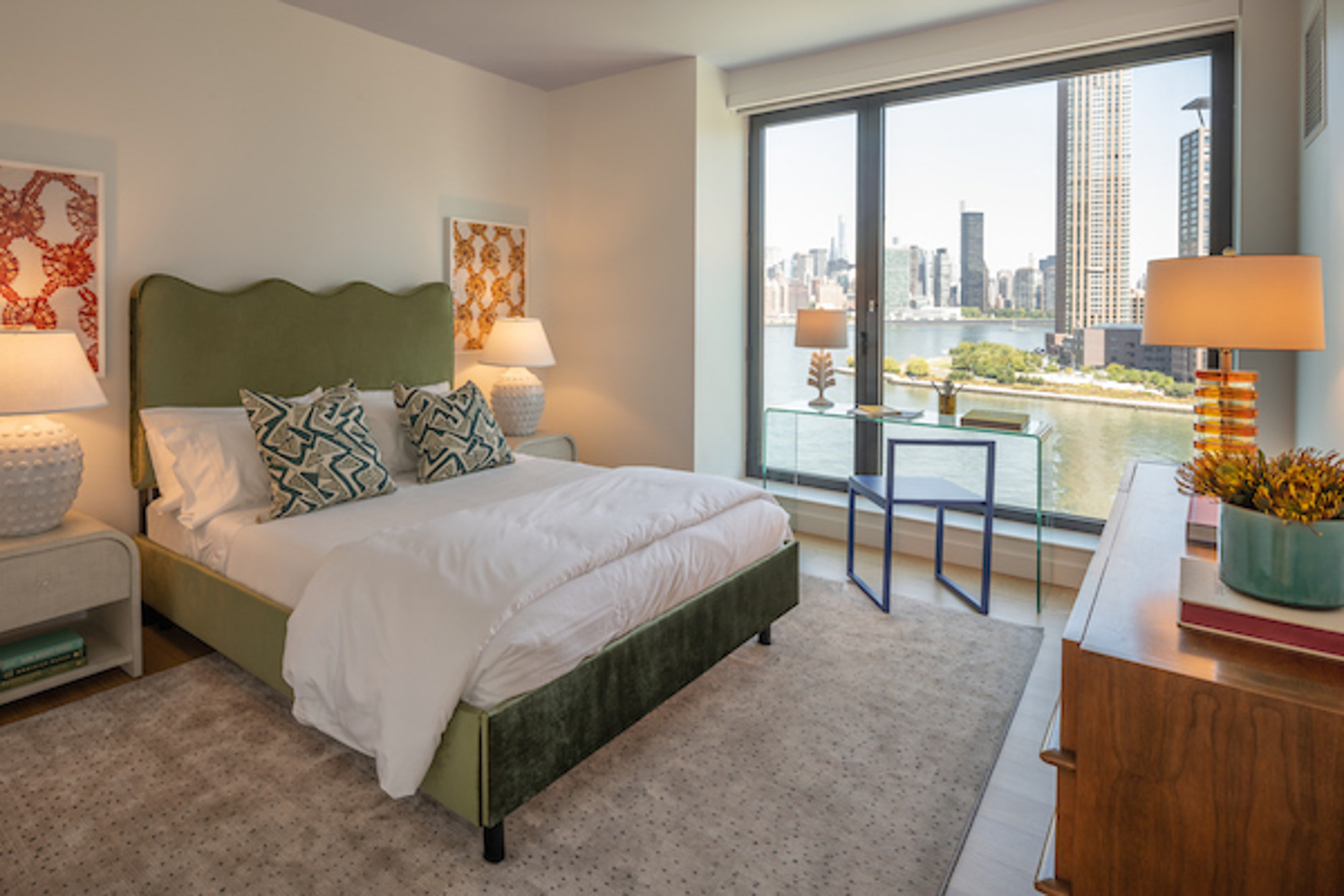 A bedroom in a Eagle + West apartment in Greenpoint Landing in Brooklyn, New York.