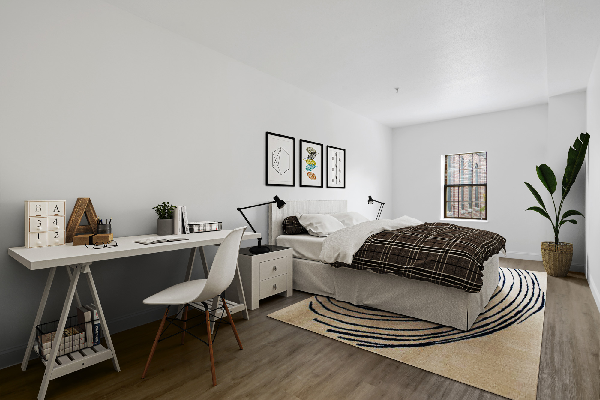 The bedroom in a KBL apartment in Boston, Massachusetts.