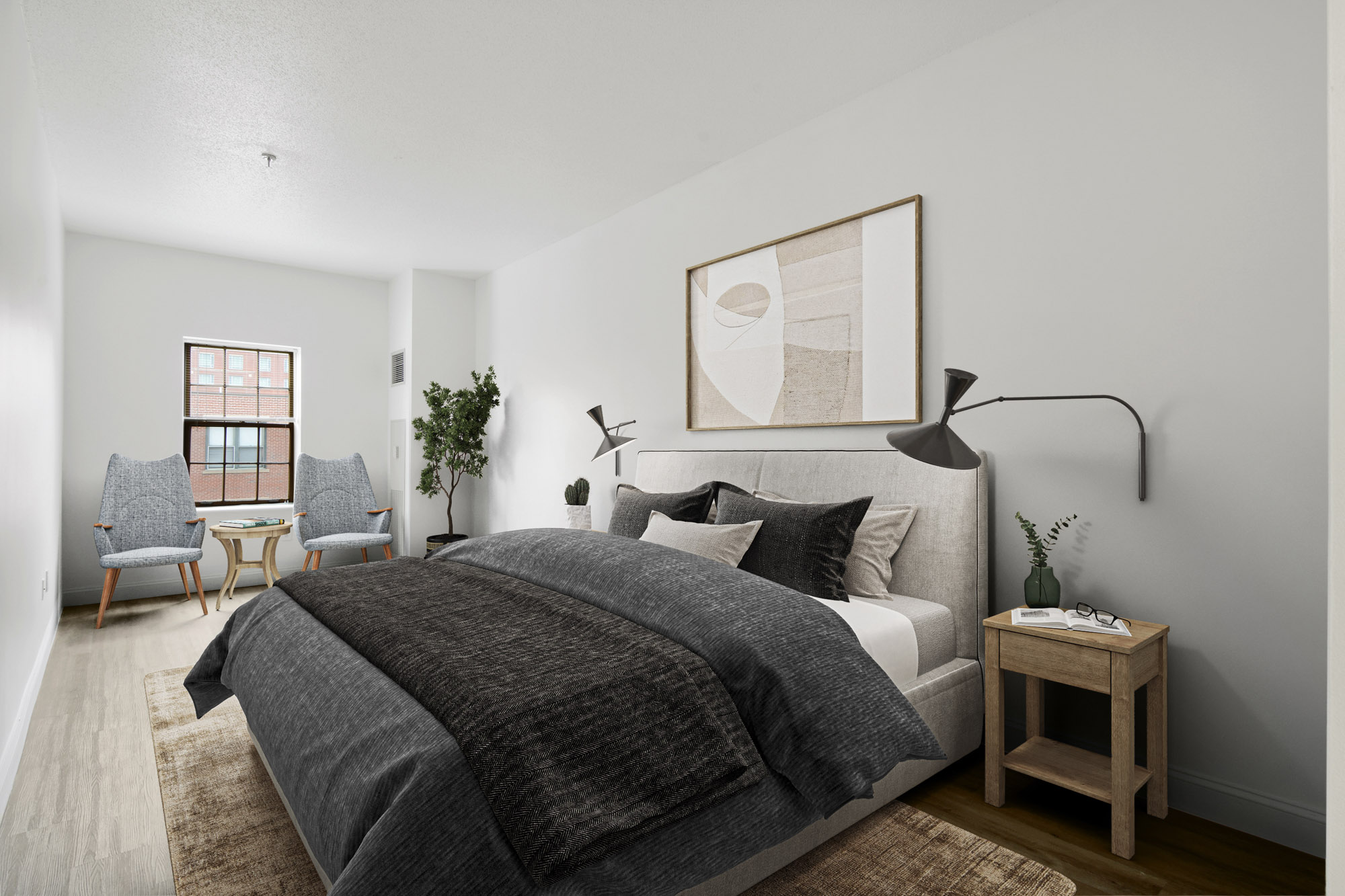 The bedroom in a KBL apartment in Boston, Massachusetts.