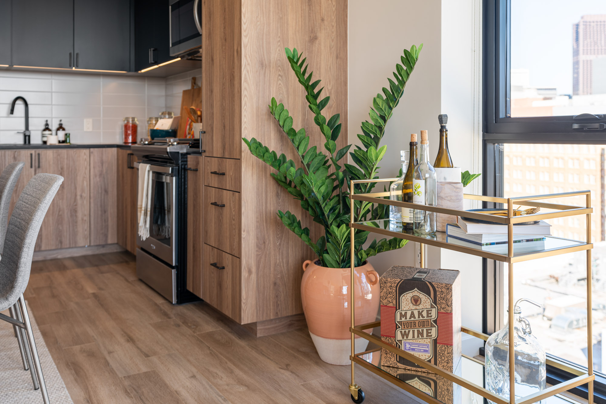 An apartment bar cart at The George apartments in San Francisco, CA