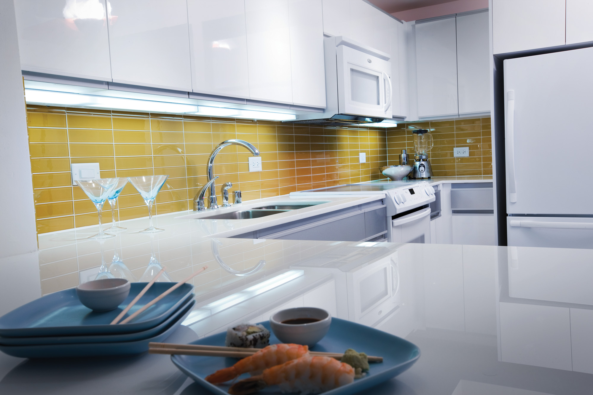 Kitchen at The Merc apartments in Mercantile Place in Dallas, TX