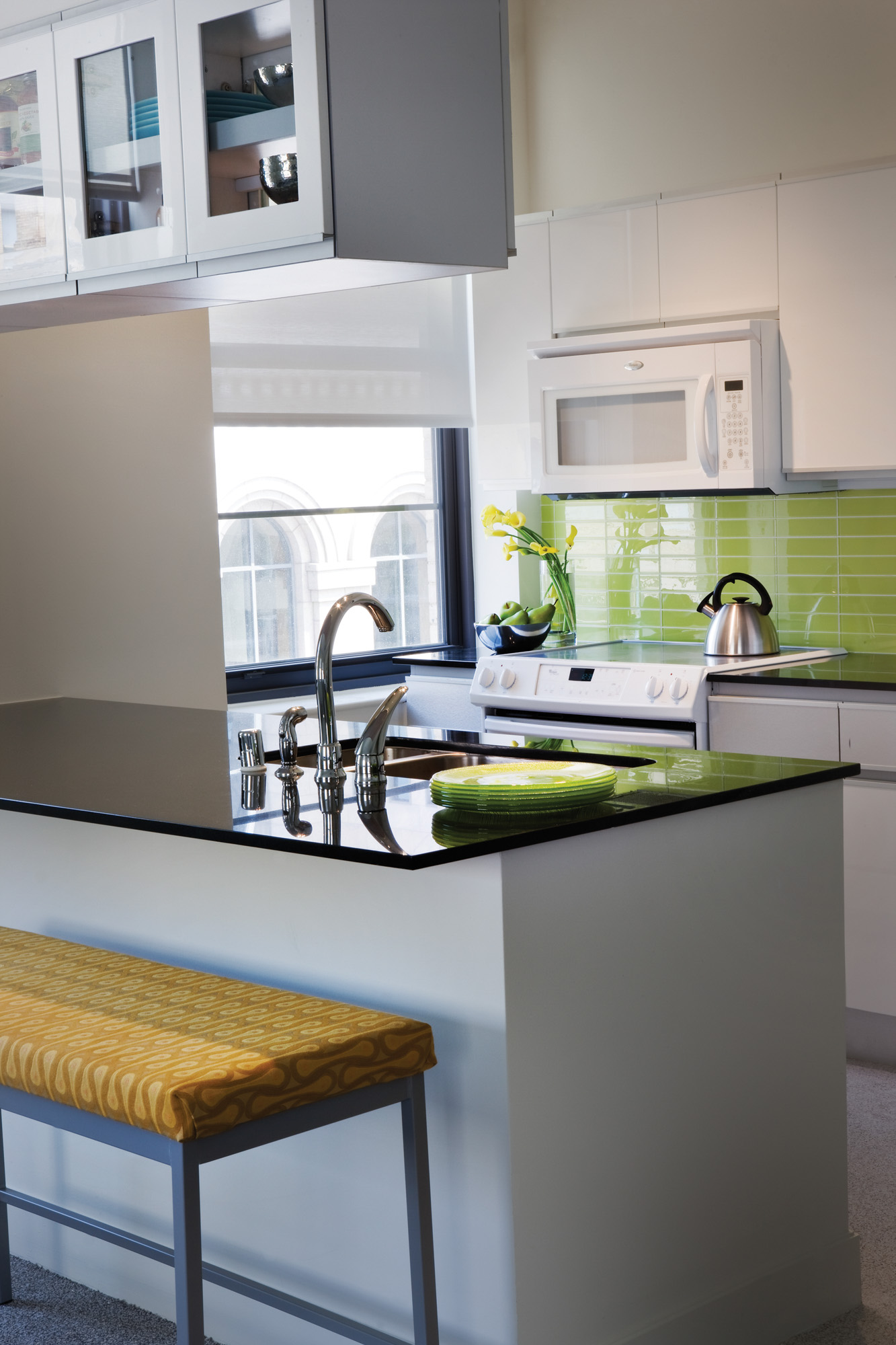 Kitchen at The Merc apartments in Mercantile Place in Dallas, TX