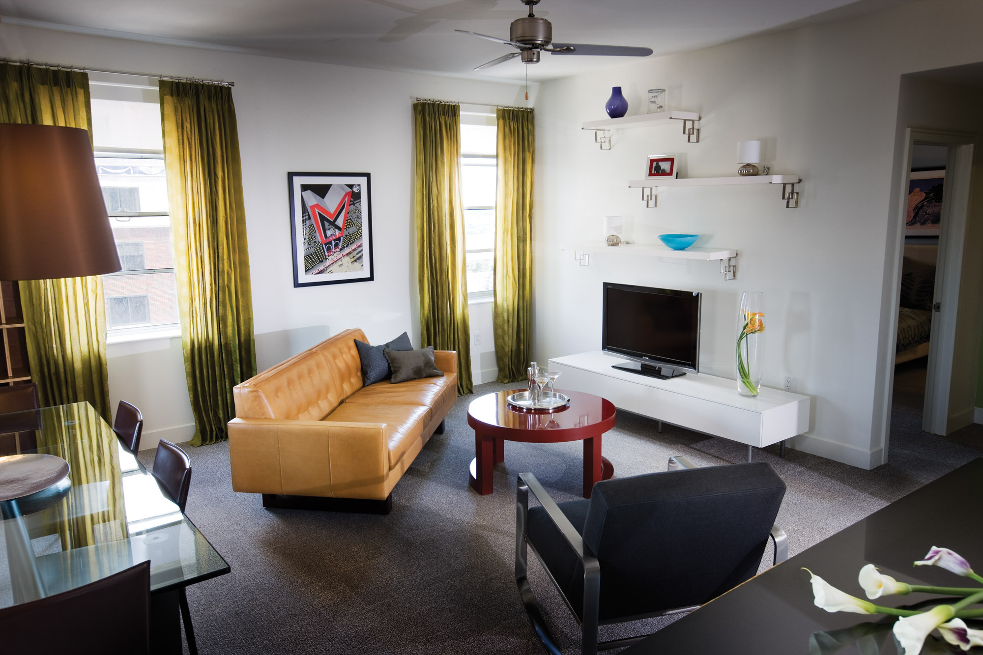 Living room at The Merc apartments in Mercantile Place in Dallas, TX