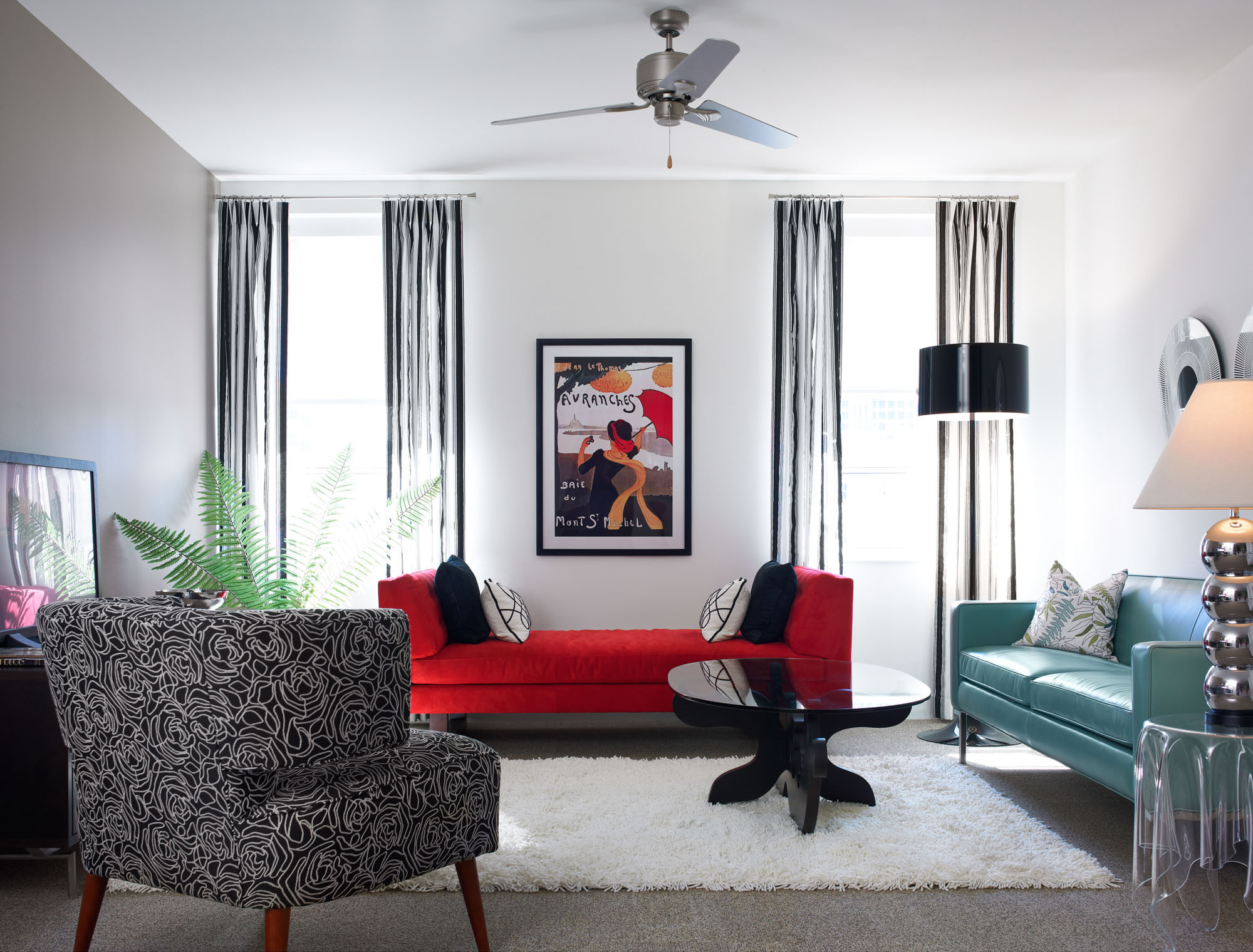 Living room at The Merc apartments in Mercantile Place in Dallas, TX