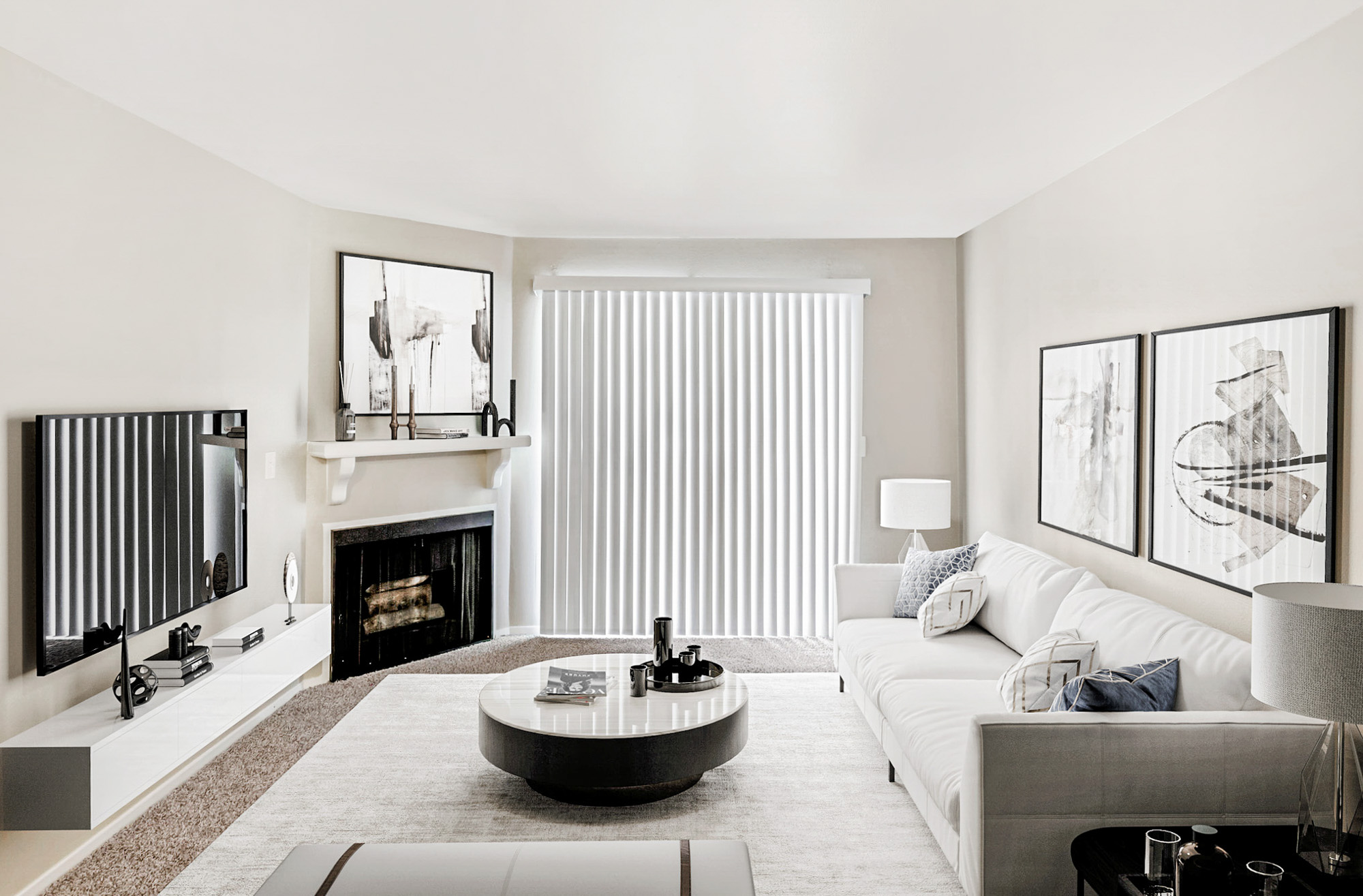 A living area in an apartment at James Pointe in Murray, Utah.