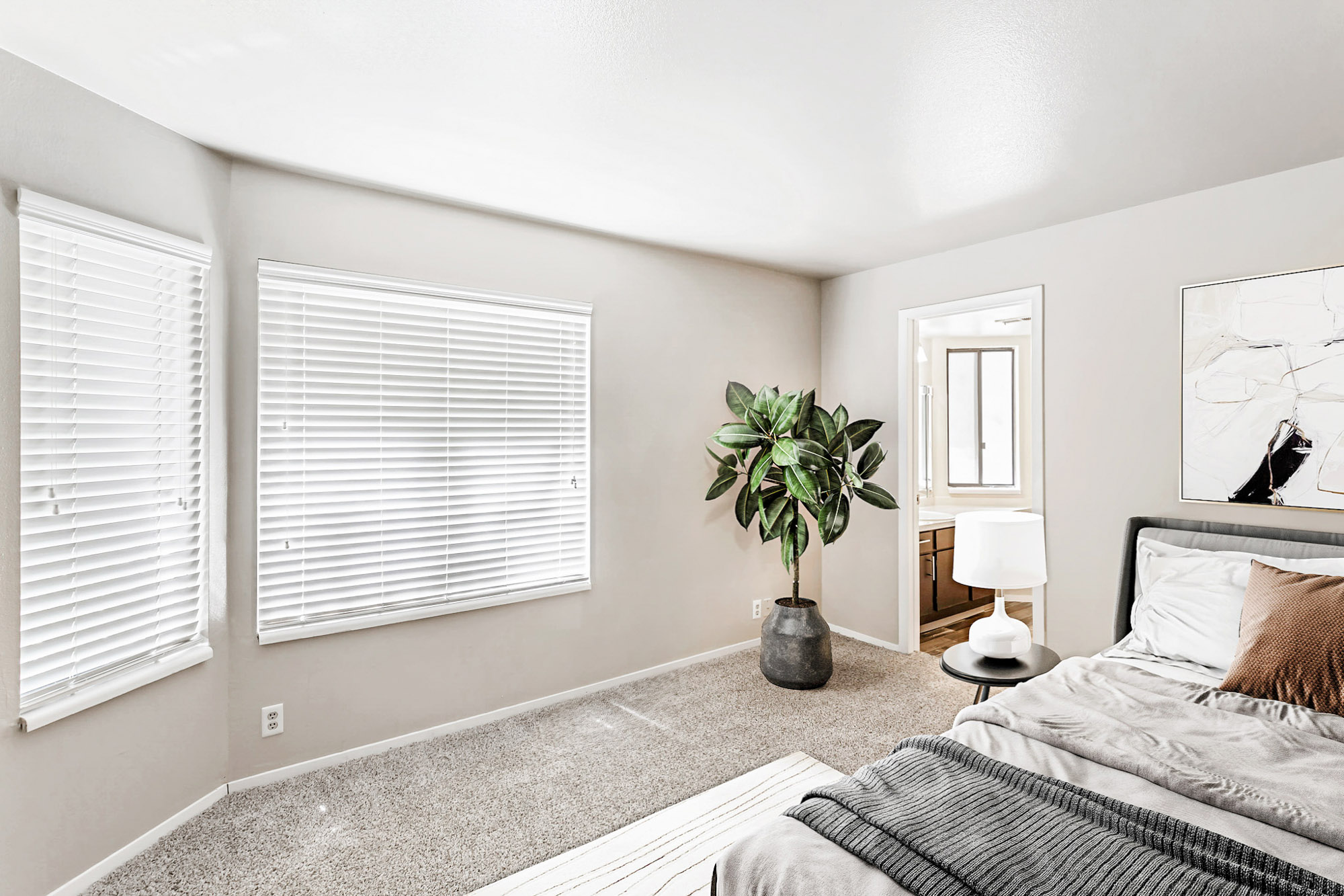 A bedroom in an apartment at James Pointe near Salt Lake City, Utah.