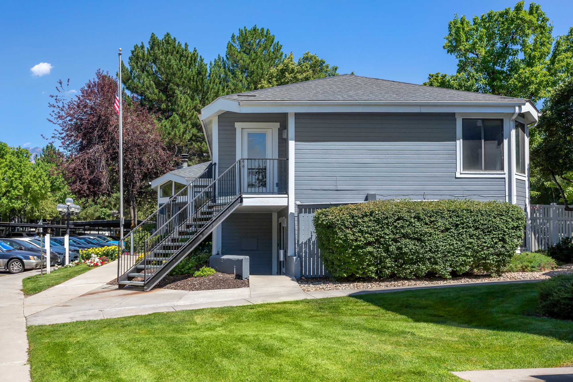 The exterior of a building at James Pointe apartments in Murray, Utah.