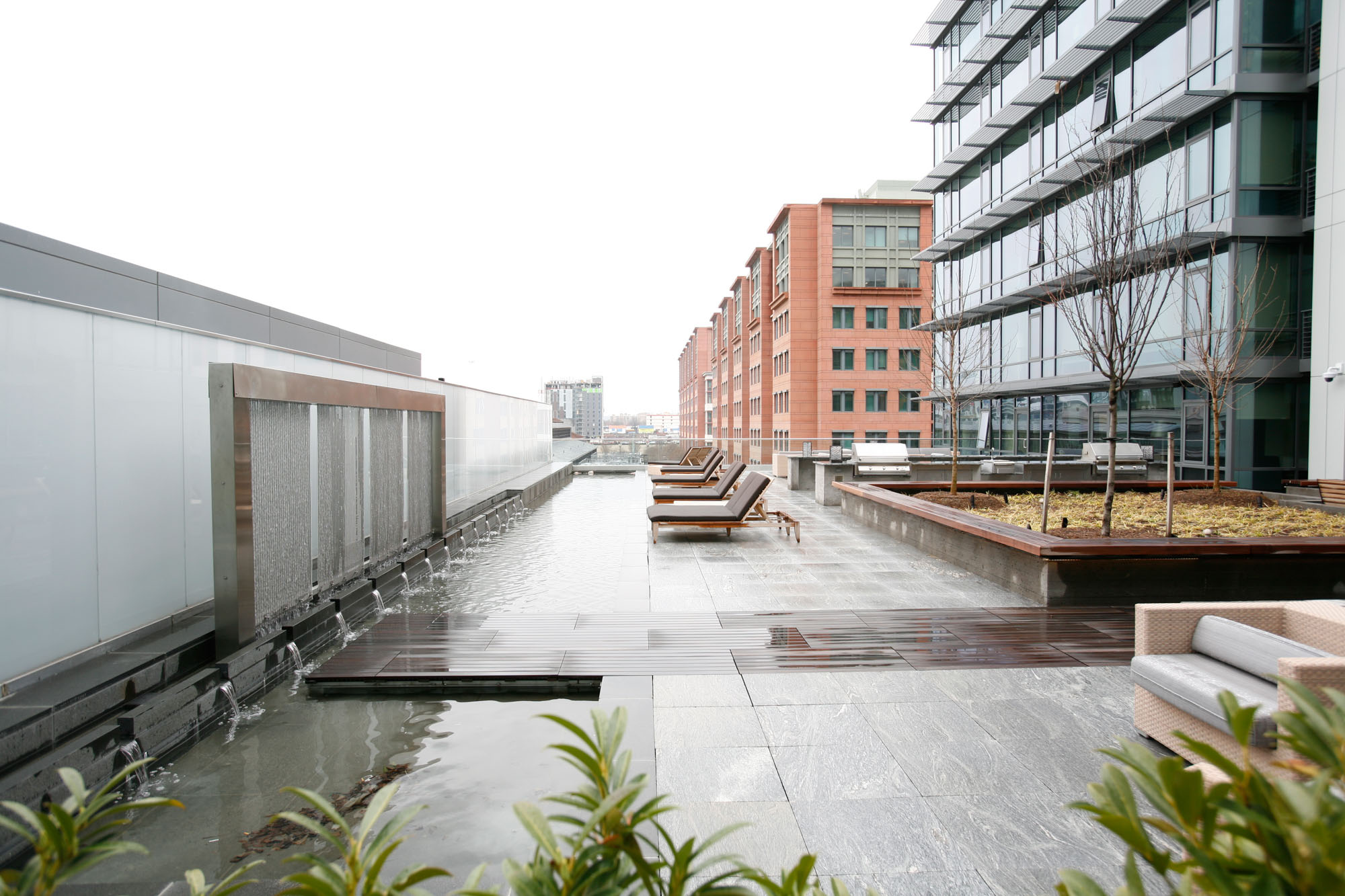 The outdoor terrace with water feature at Twelve12 in Navy Yard, Washington DC.