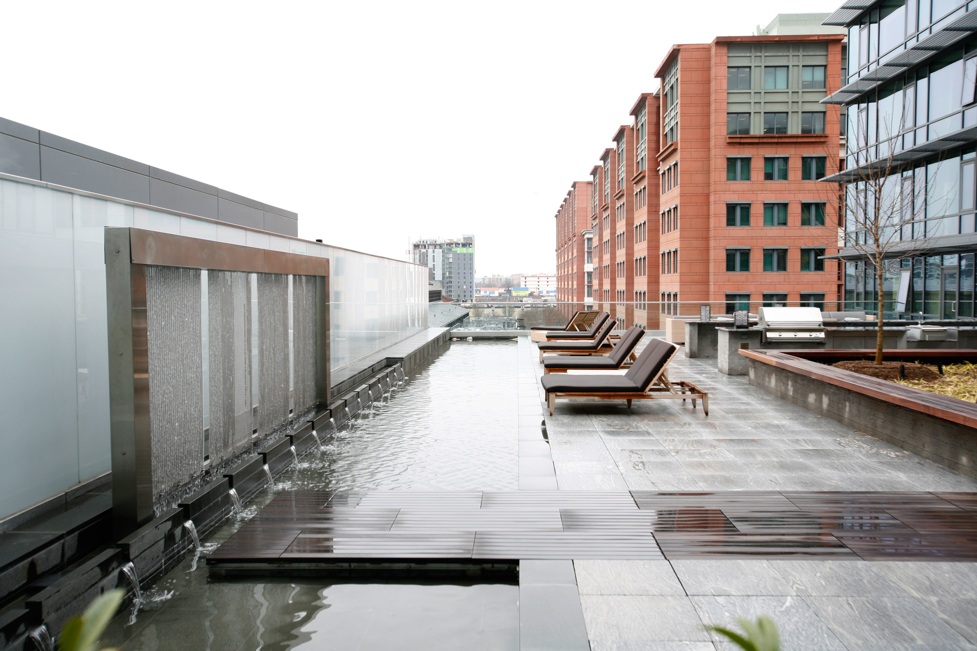 The outdoor terrace with water feature at Twelve12 in Navy Yard, Washington DC.