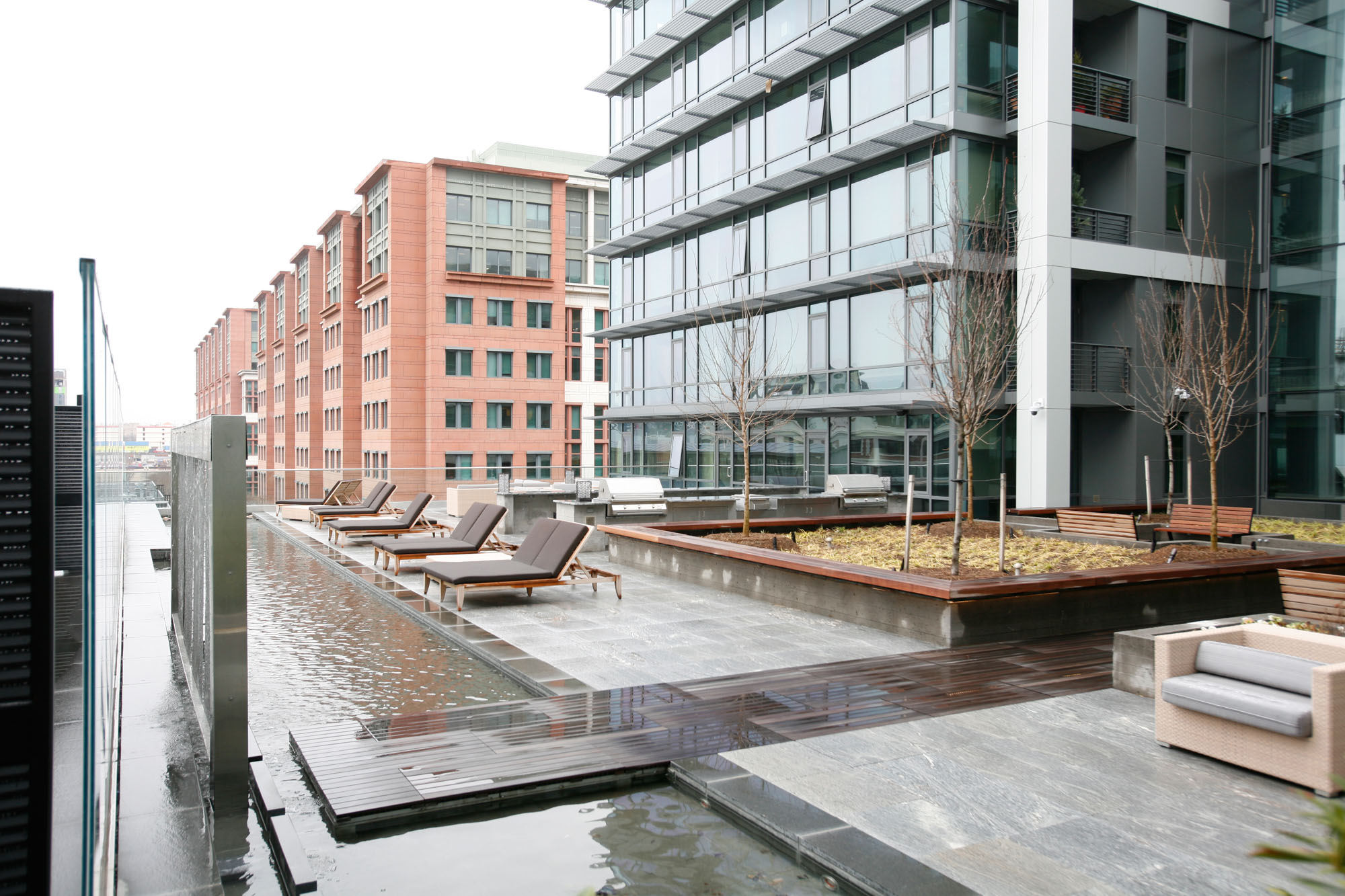 The outdoor terrace with water feature at Twelve12 in Navy Yard, Washington DC.