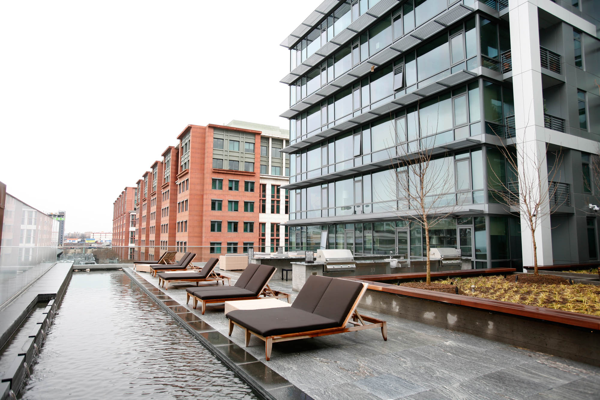 The outdoor terrace with water feature at Twelve12 in Navy Yard, Washington DC.