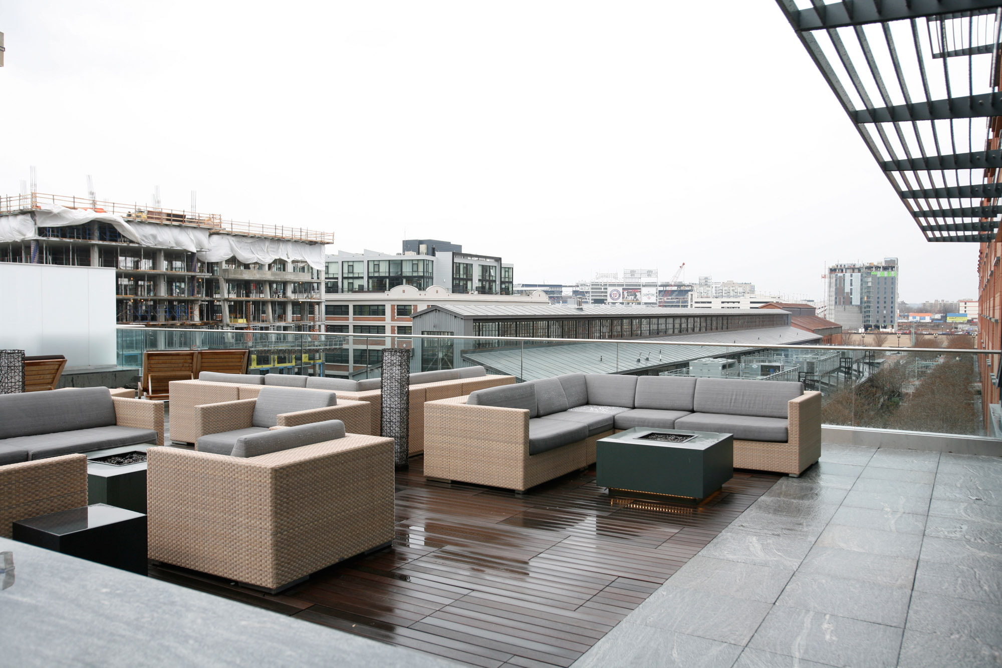 The outdoor terrace with lounges and fire pits at Twelve12 in Navy Yard, Washington DC.